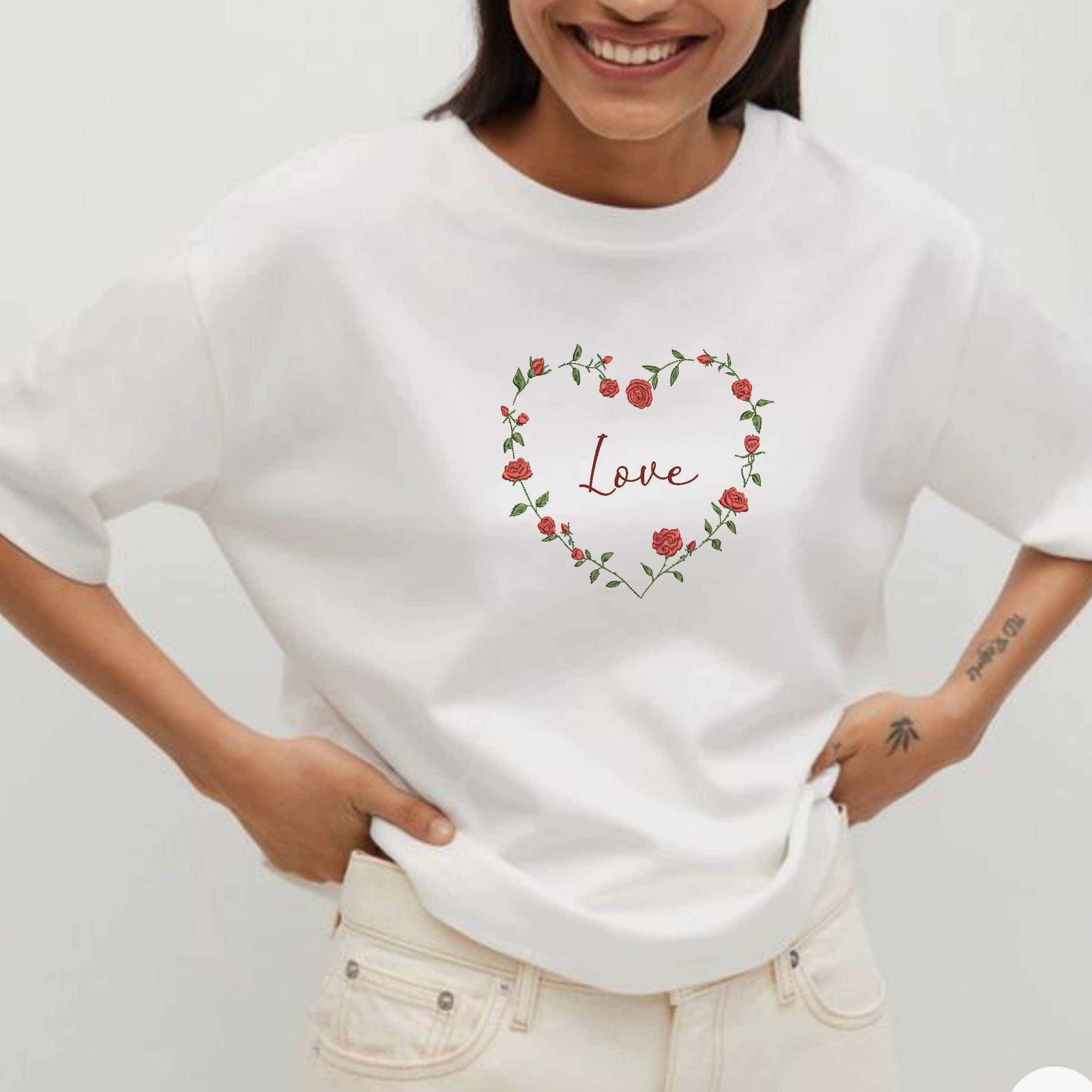 St Valentine's Day Rose Heart Monogram Wreath Frame Machine Embroidery Design Pattern embroidered on a t-shirt