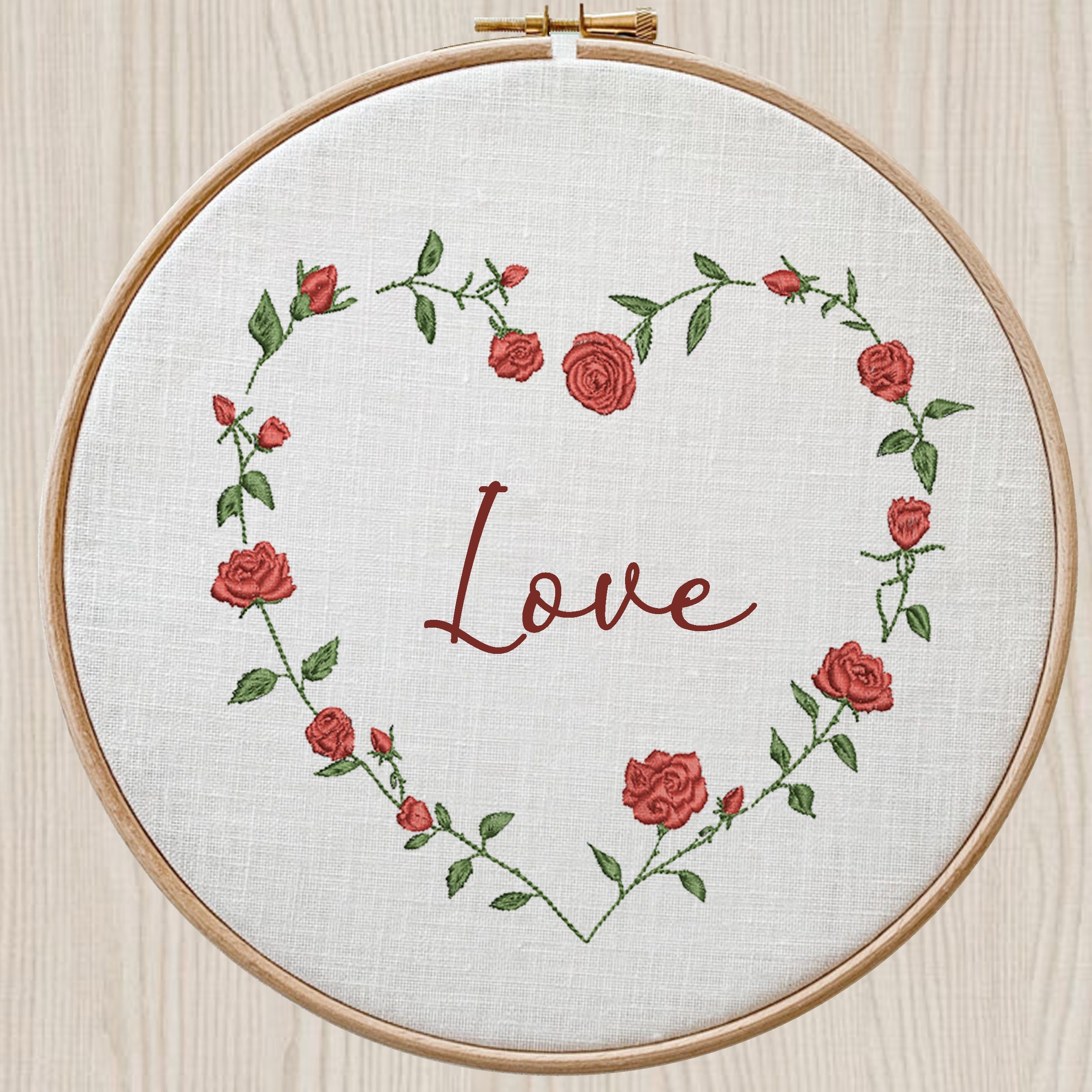 St Valentine's Day Rose Heart Monogram Wreath Frame Machine Embroidery Design Pattern embroidered on a hoop