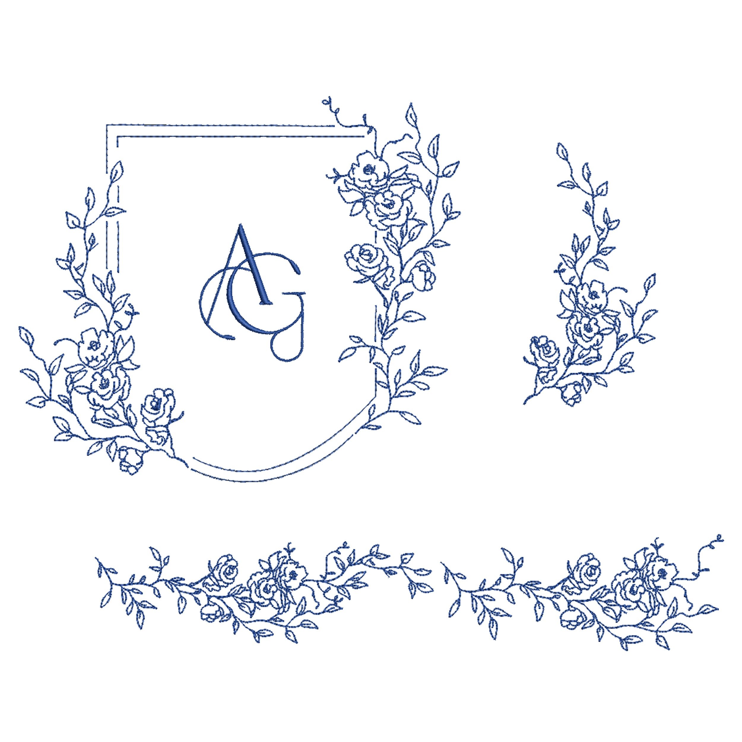 Rose Crest Wreath and Branches Machine Embroidery Design Set