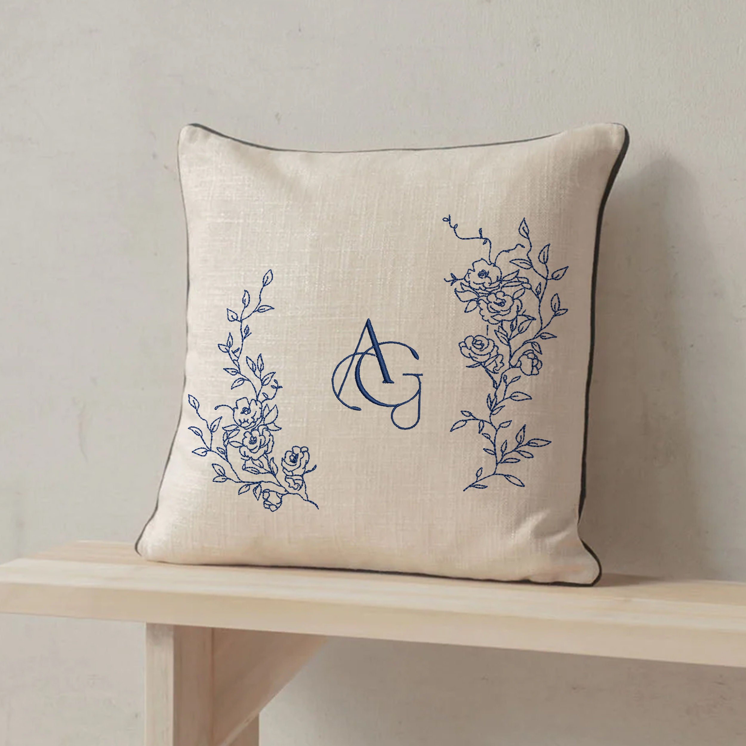 Rose Crest Wreath and Branches Machine Embroidery Design Set embroidered on a pillow