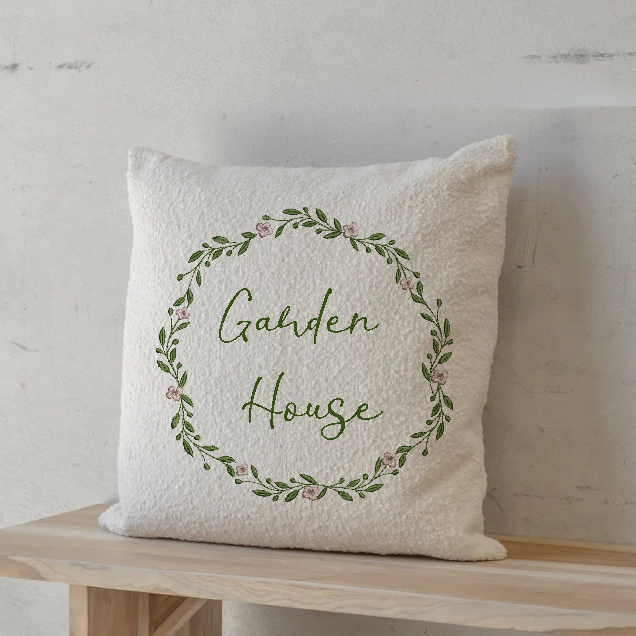 Favorite Floral Wreath and Border Machine Embroidery Design Pattern embroidered on a pillow