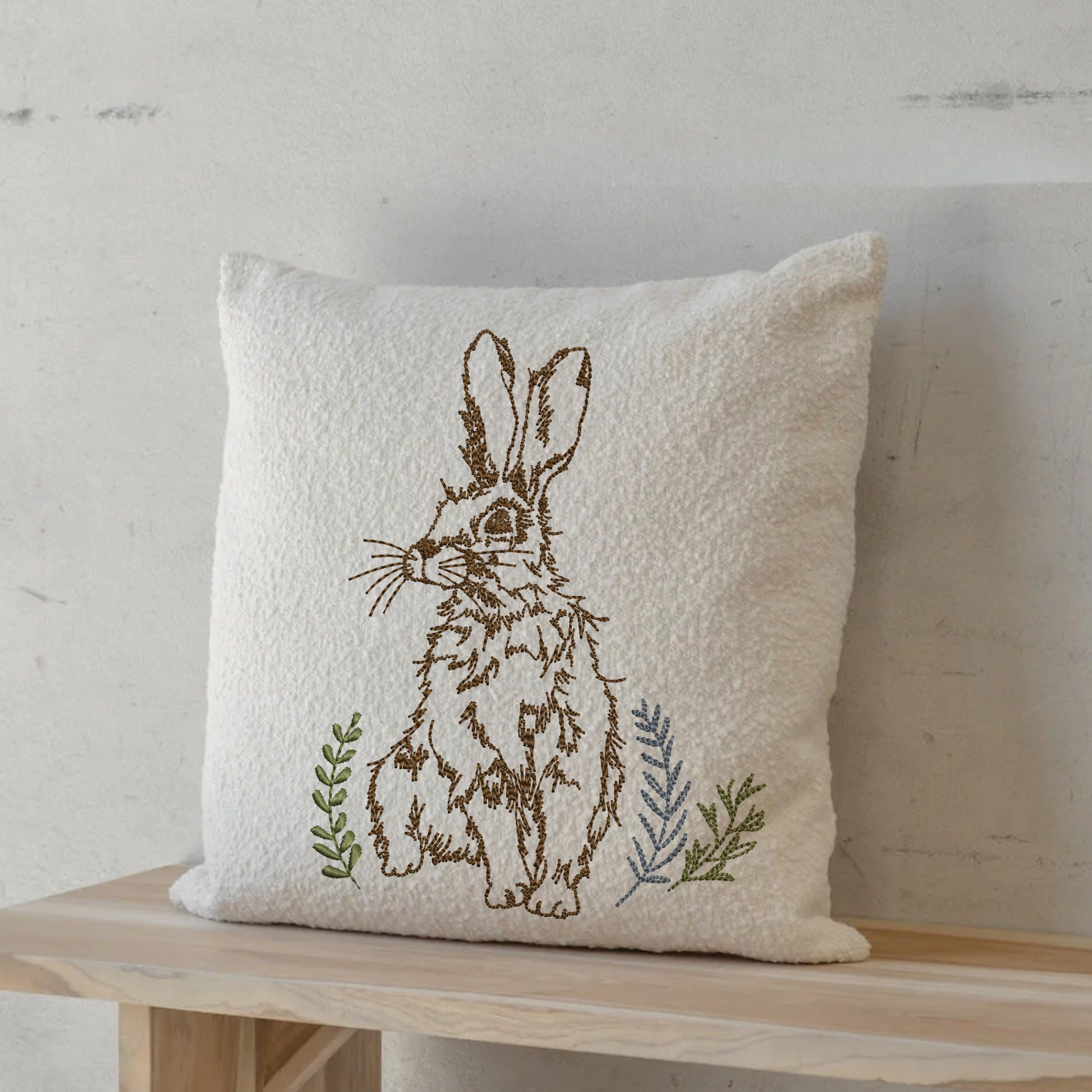 Moon Garden Hare Machine Embroidery Design File embroidered on a pillow