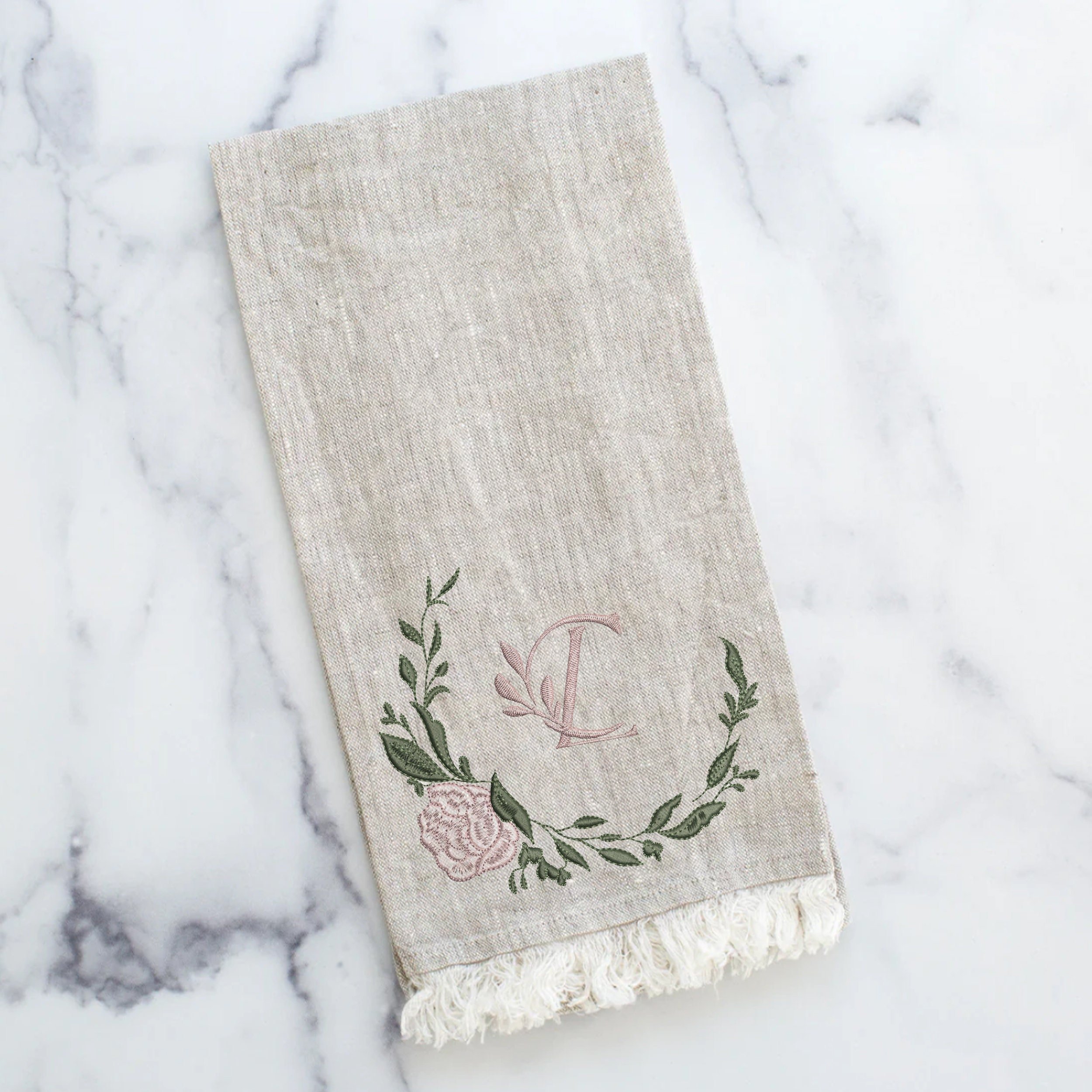Rose and Eucalyptus Wreath Machine Embroidery Design, Monogram Wedding Pattern File embroidered on a towel