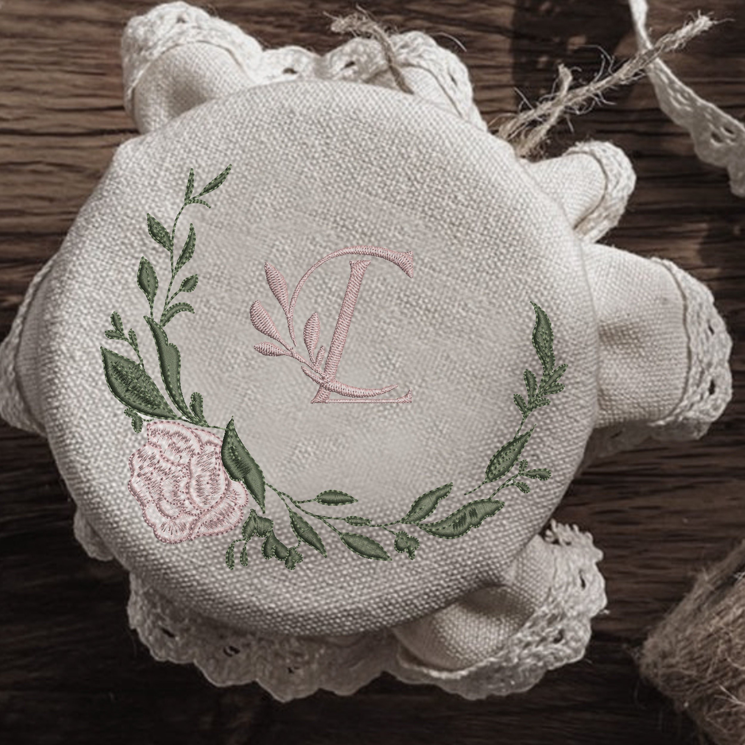 Rose and Eucalyptus Wreath Machine Embroidery Design, Monogram Wedding Pattern File embroidered on a jam jar cover