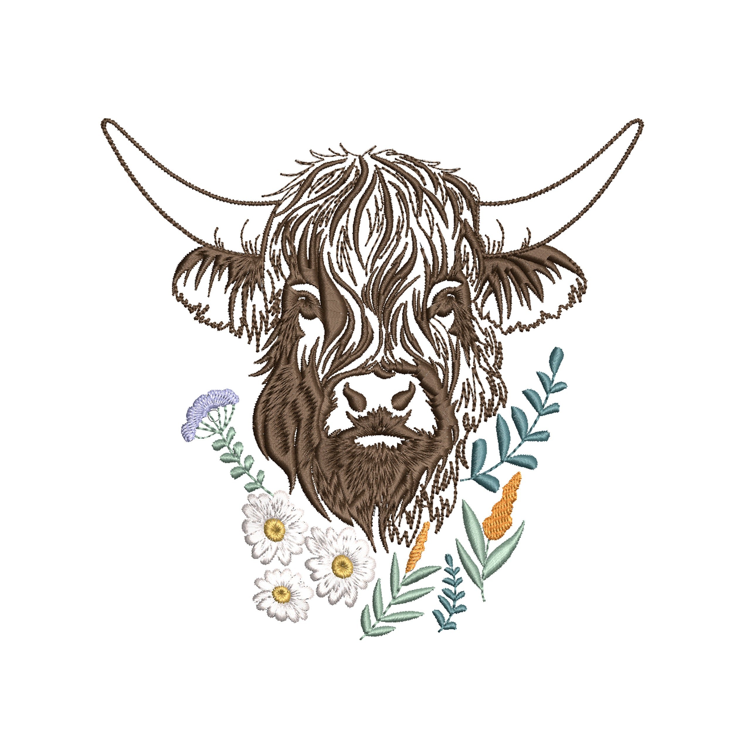 Highland Scottish Cow and Chamomiles Machine Embroidery Design File