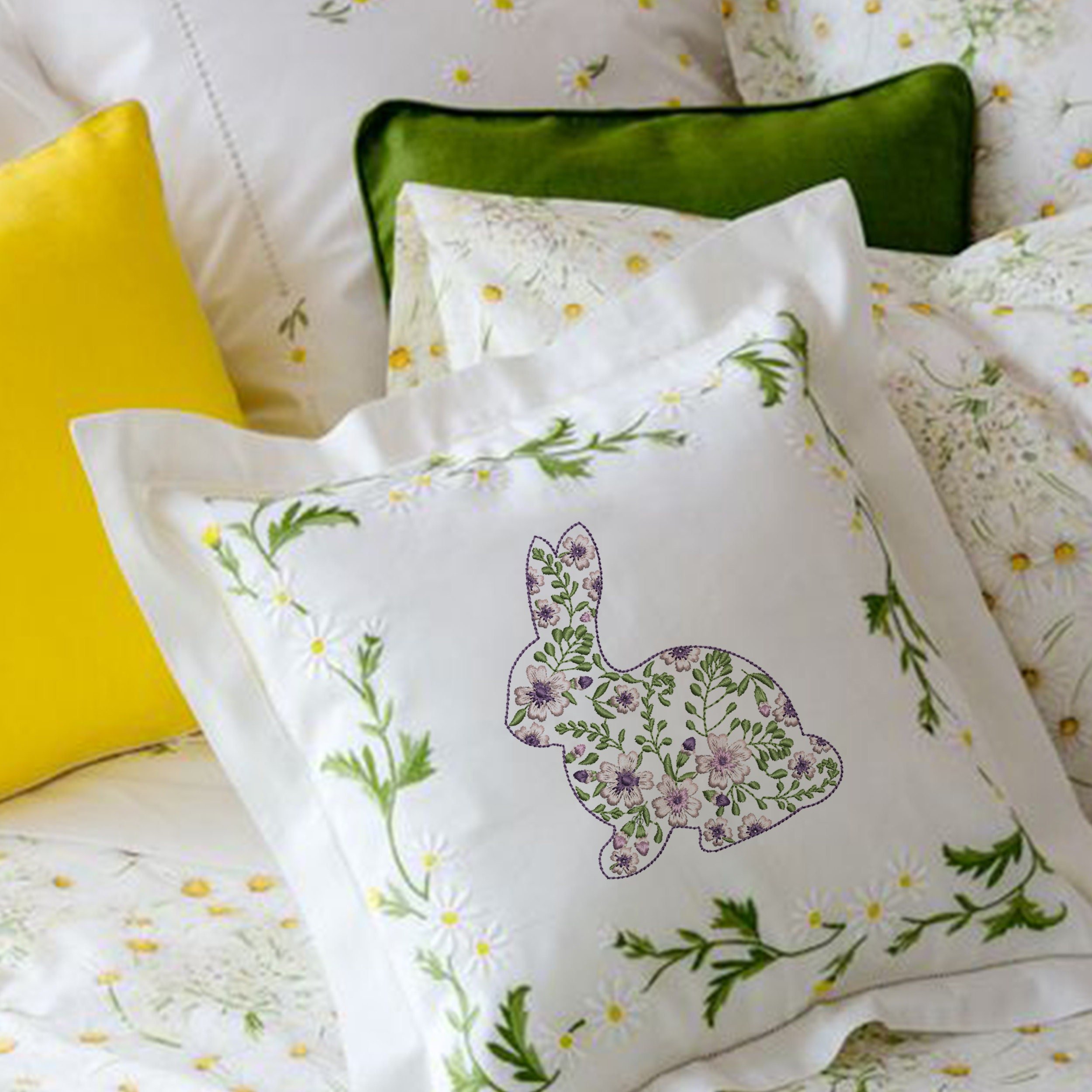 Flower Easter Bunny Machine Embroidery Design File embroidered on a pillow