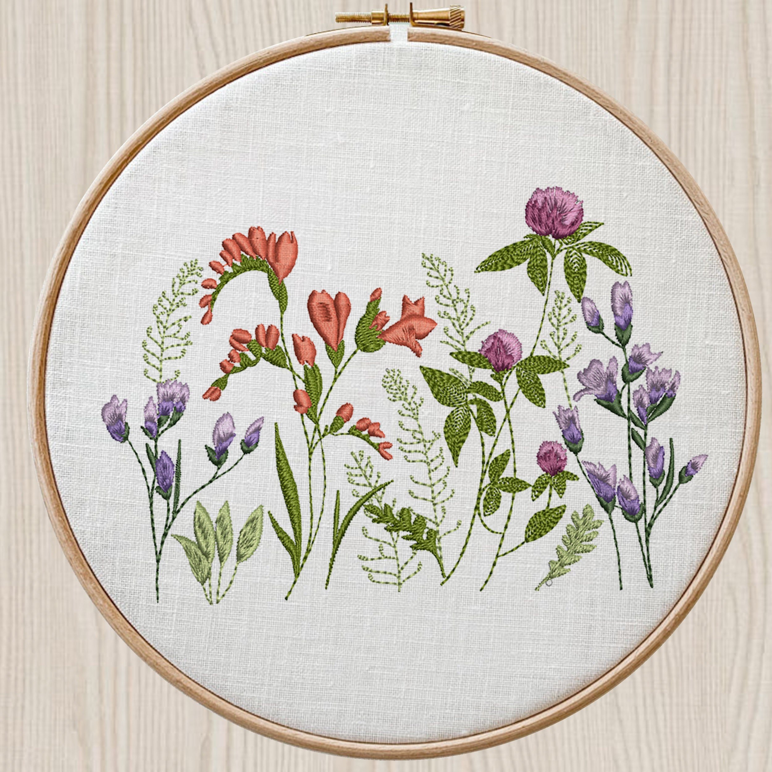 Clover and Freesia Garden Machine Embroidery Design zip file embroidered on a hoop