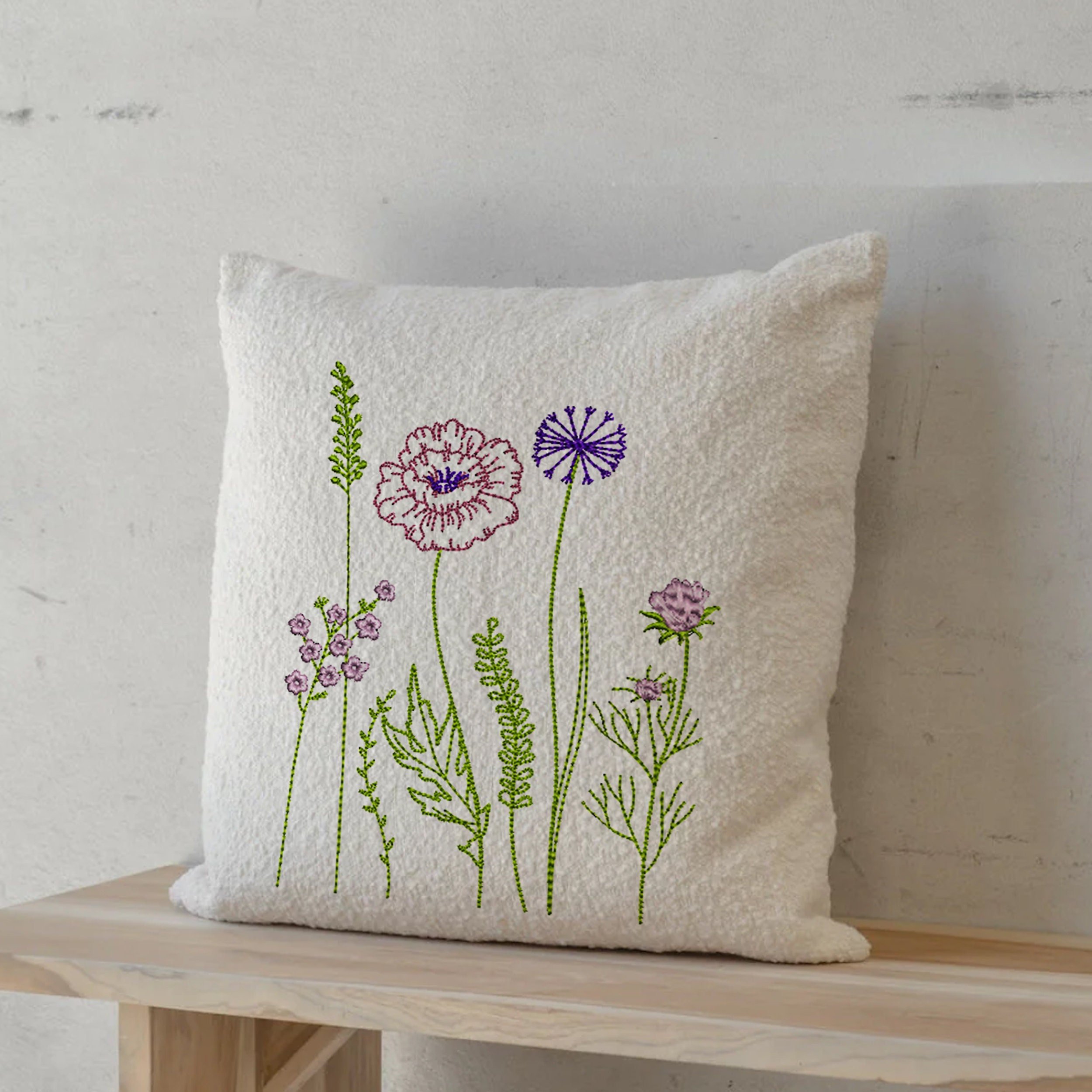 Dream Flower Meadow Machine Embroidery Design File embroidered on a pillow
