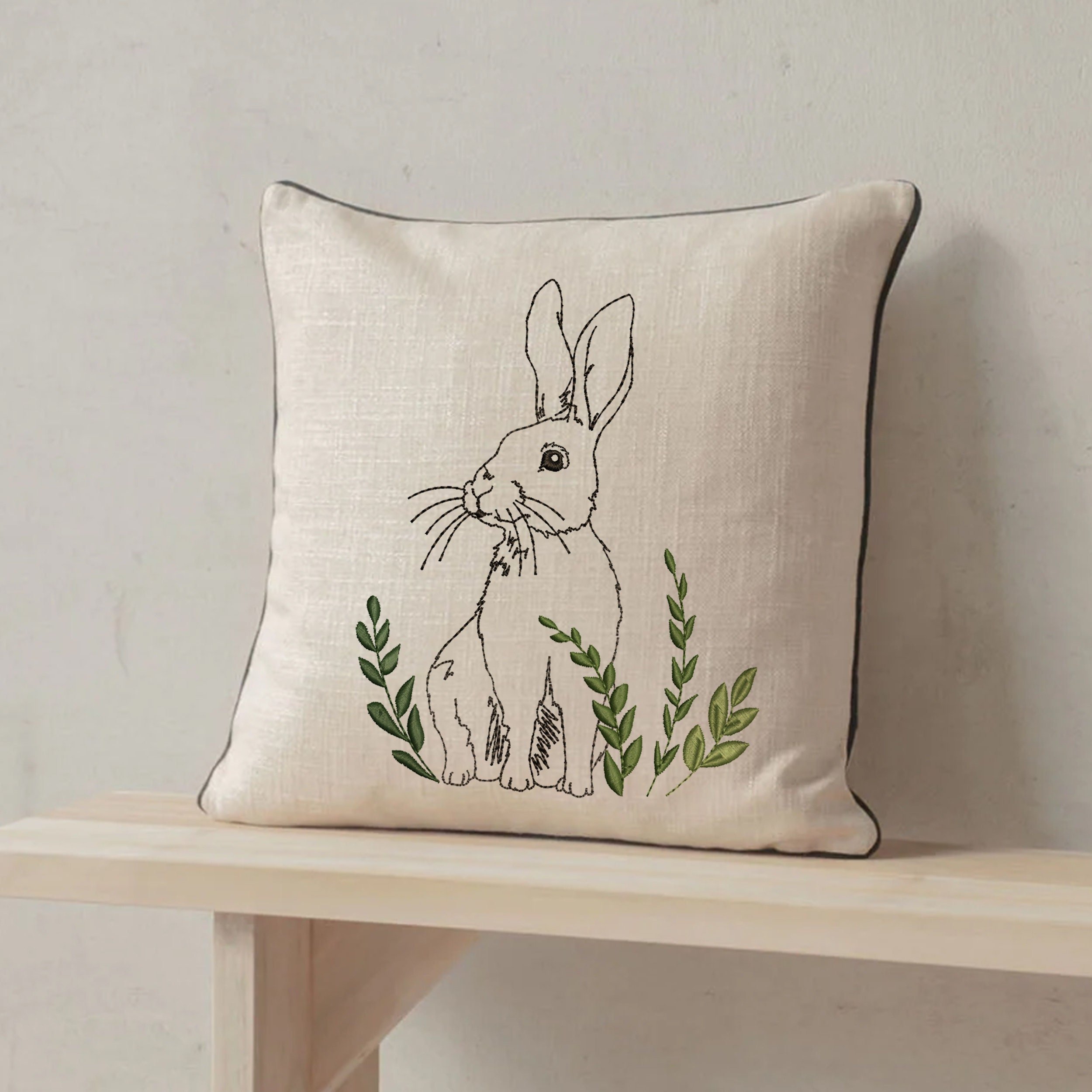 Meadow Hare Machine Embroidery Design File embroidered on a pillow