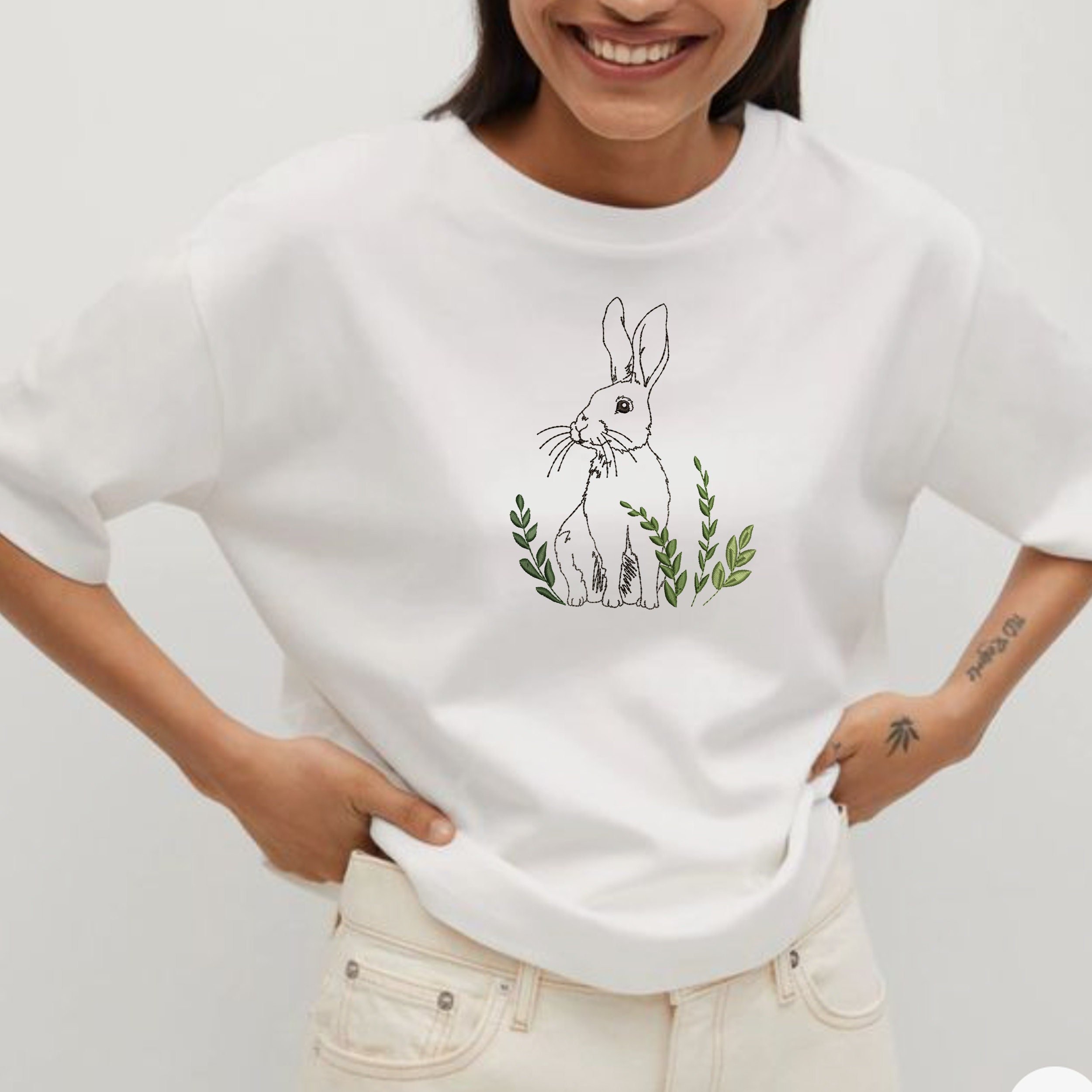 Meadow Hare Machine Embroidery Design File embroidered on a t-shirt