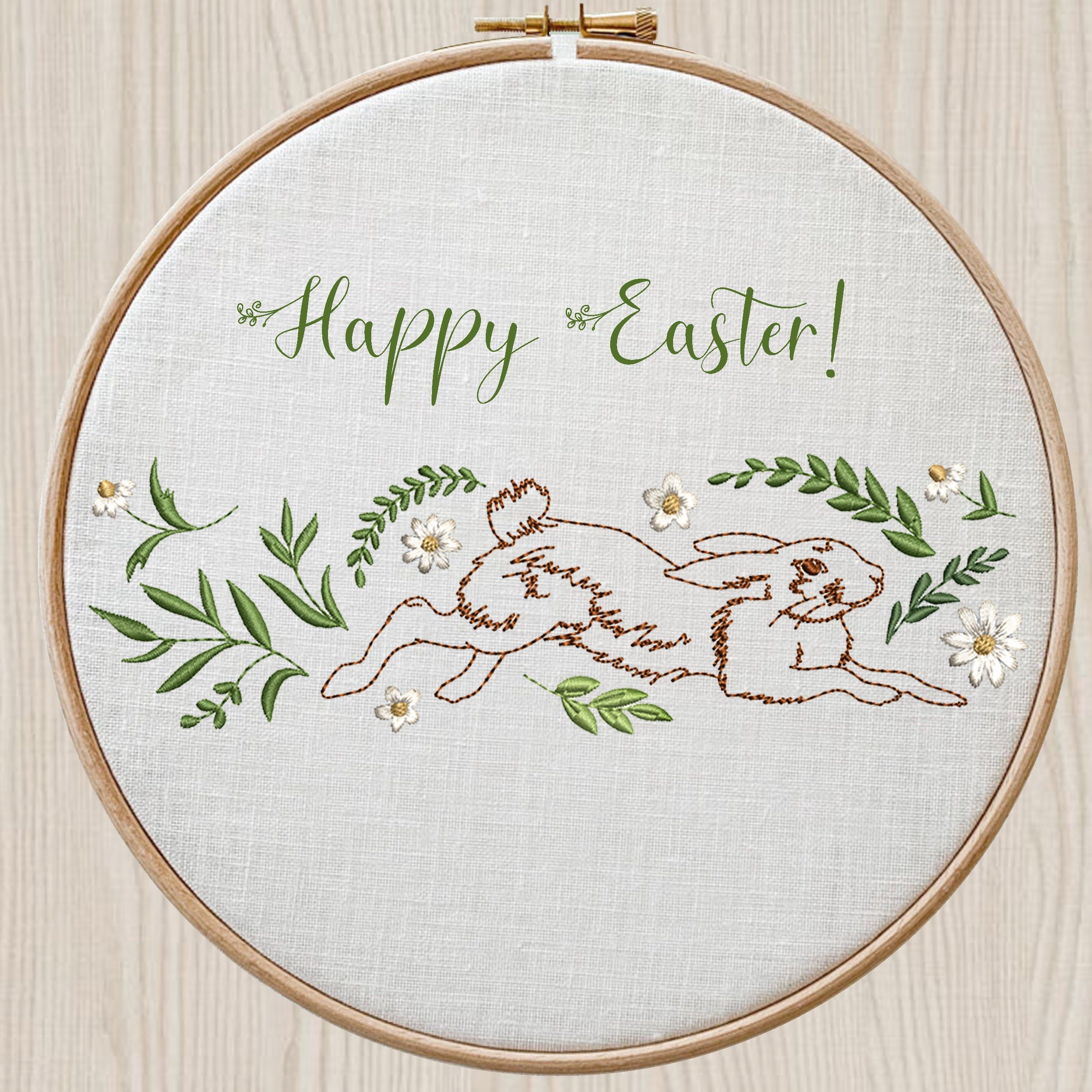 Floral Easter Bunny Border Machine Embroidery Design File embroidered on a hoop