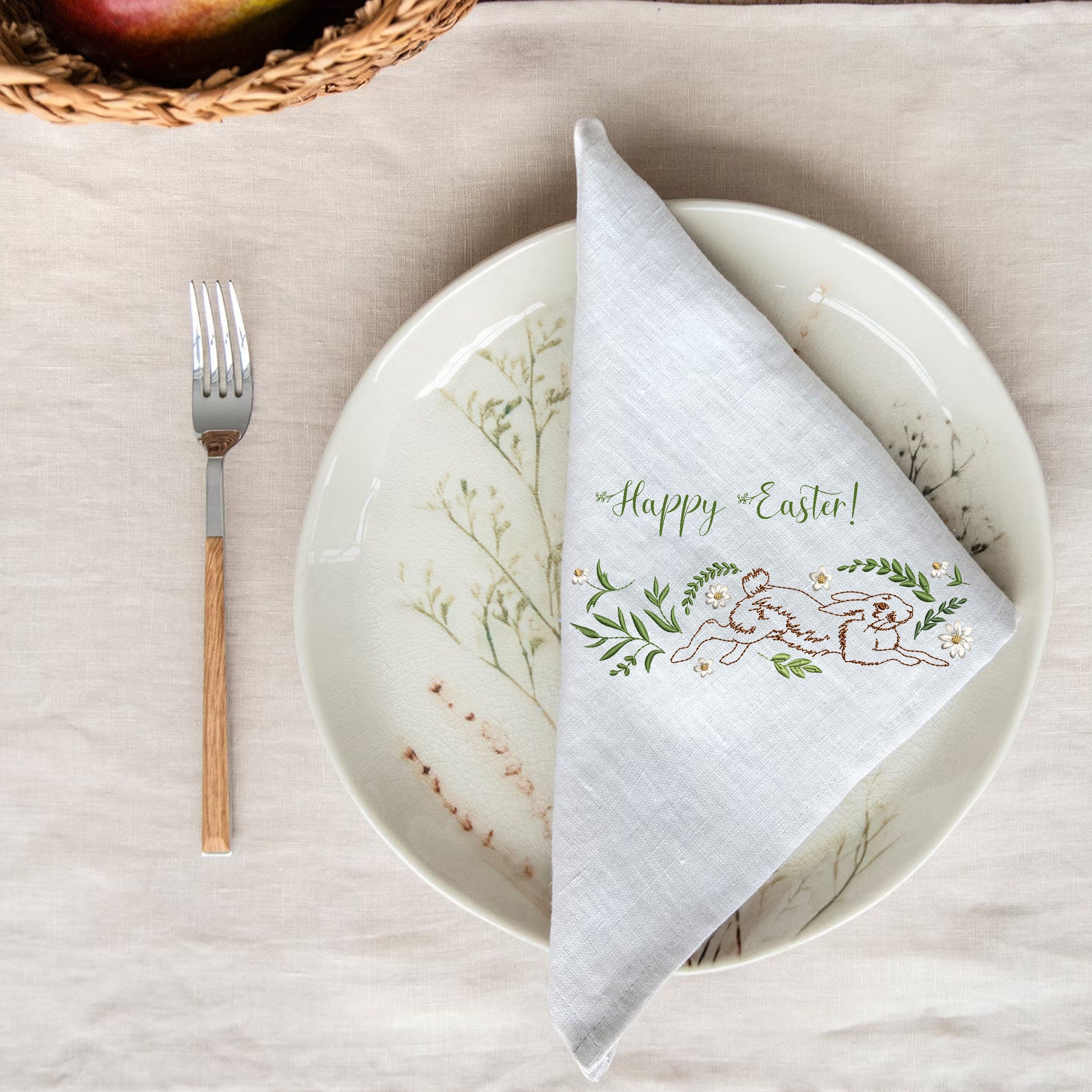 Floral Easter Bunny Border Machine Embroidery Design File embroidered on a table napkin