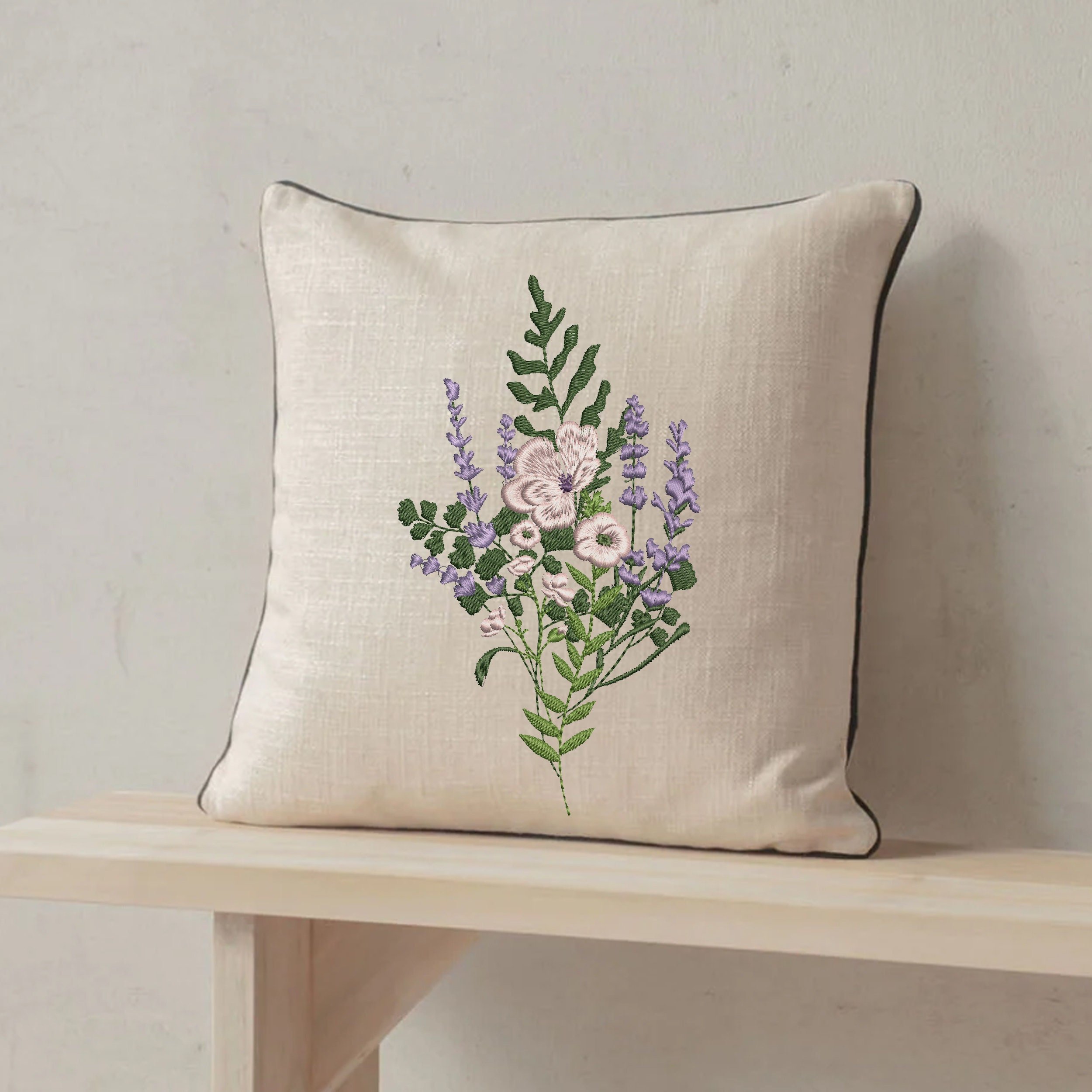 Poppy and Fern Meadow Bouquet Machine Embroidery Design embroidered on a pillow