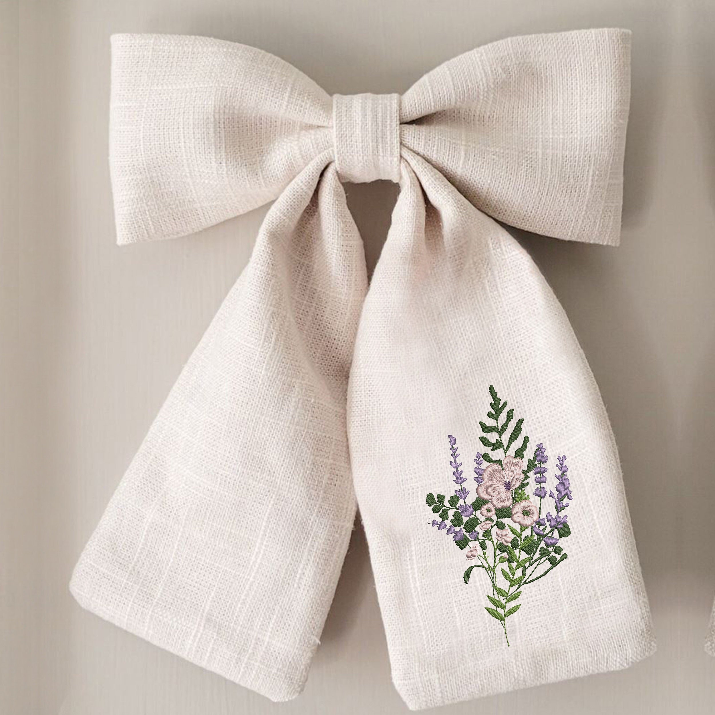 Poppy and Fern Meadow Bouquet Machine Embroidery Design embroidered on a bow