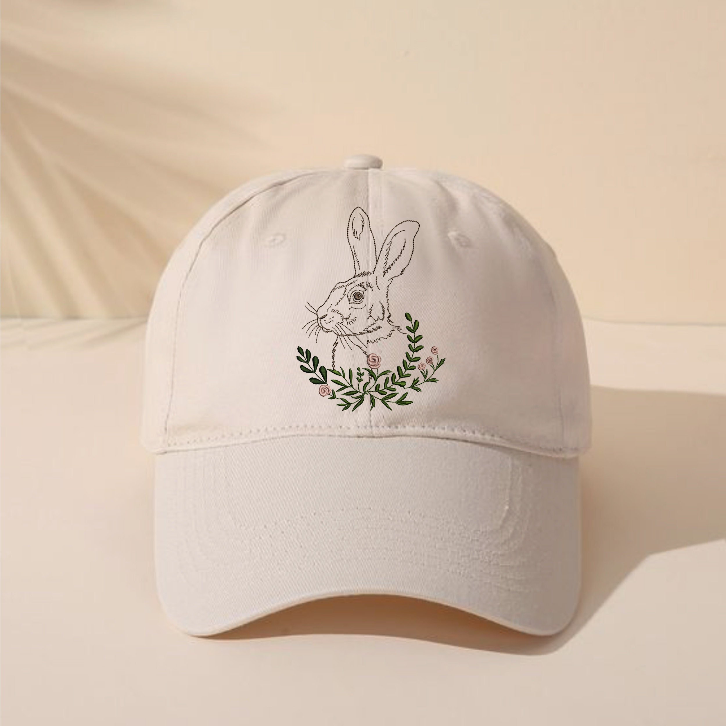 Garden Hare Machine Embroidery Design File embroidered on a cap