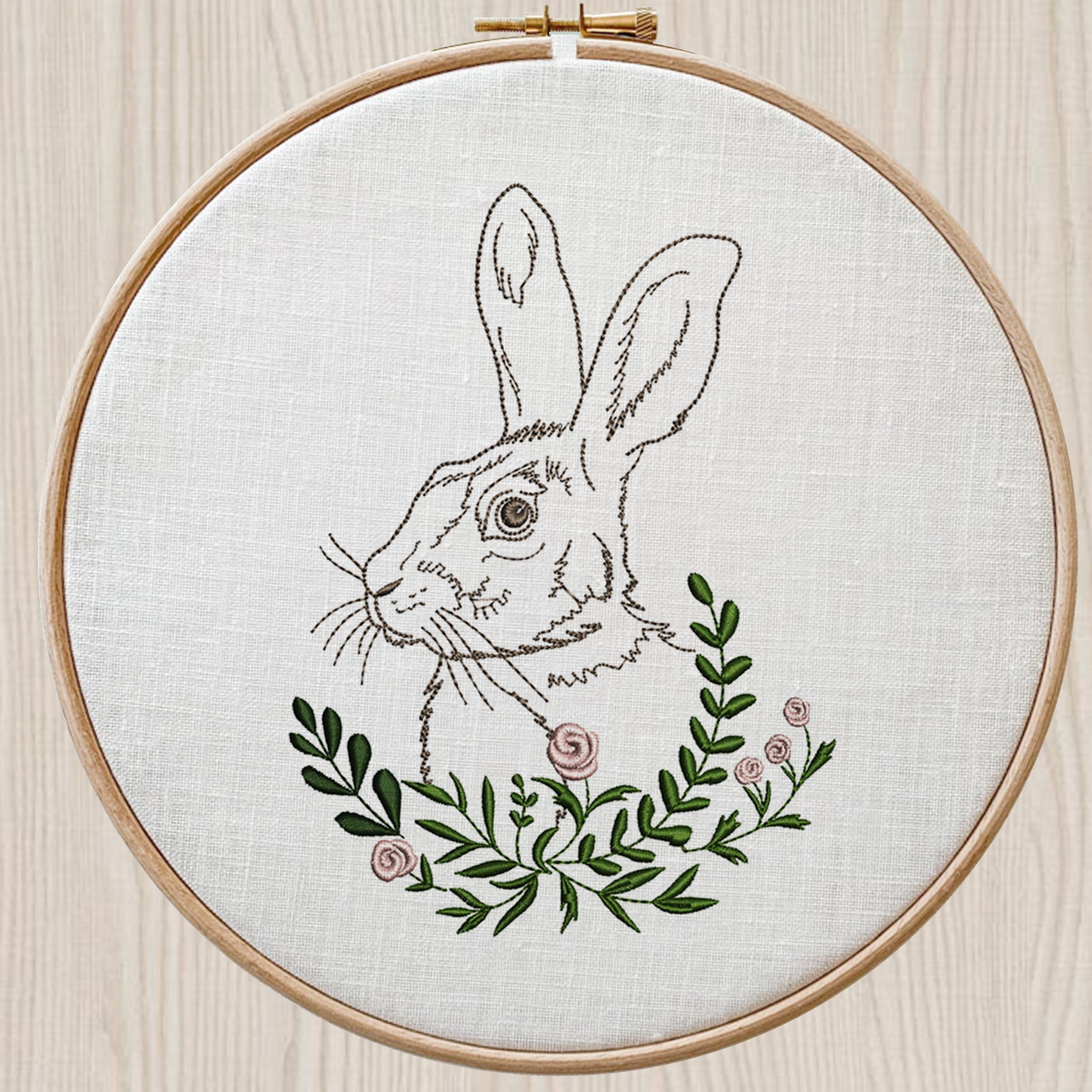 Garden Hare Machine Embroidery Design File embroidered on a hoop