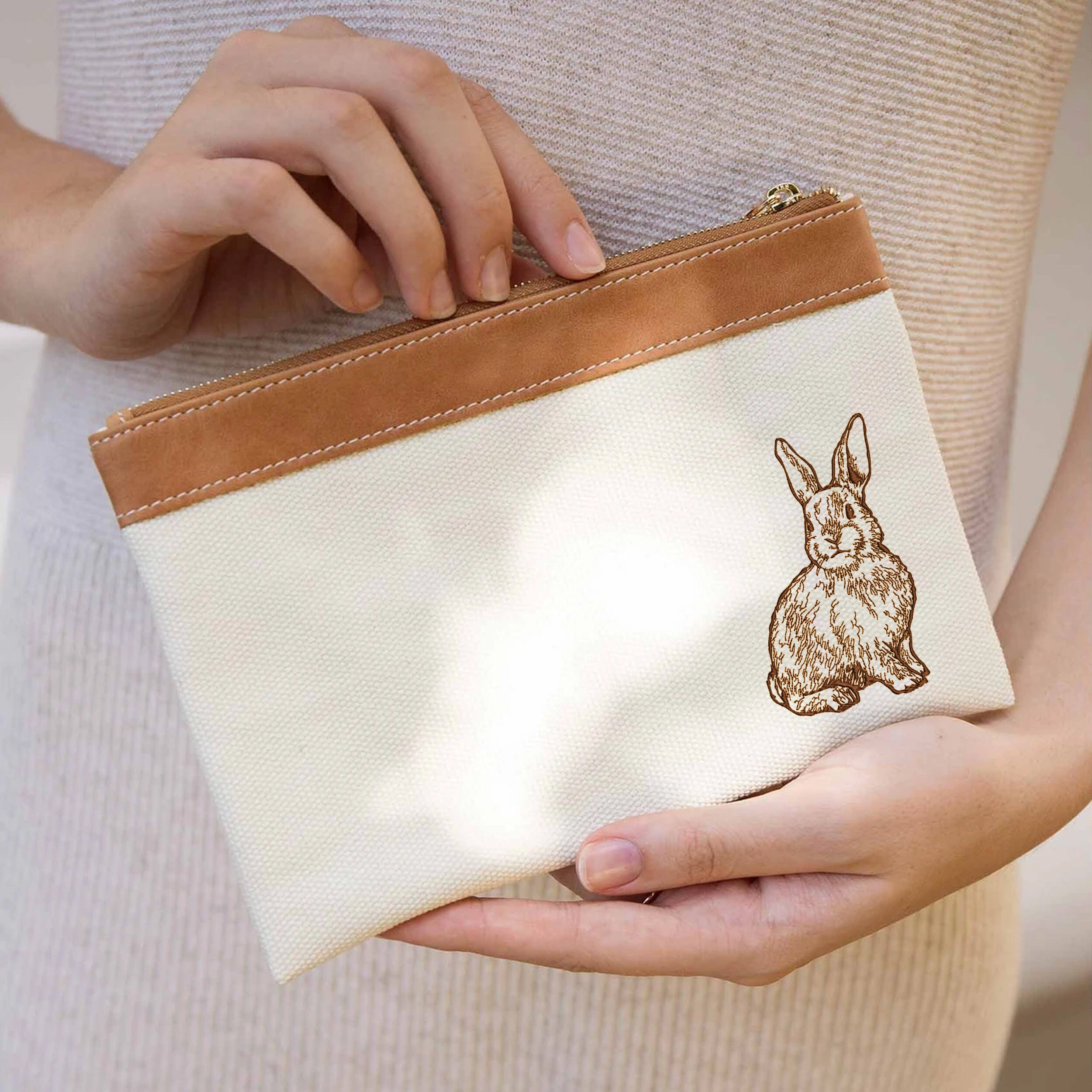 Natural Rabbit for Machine Embroidery embroidered on a bag