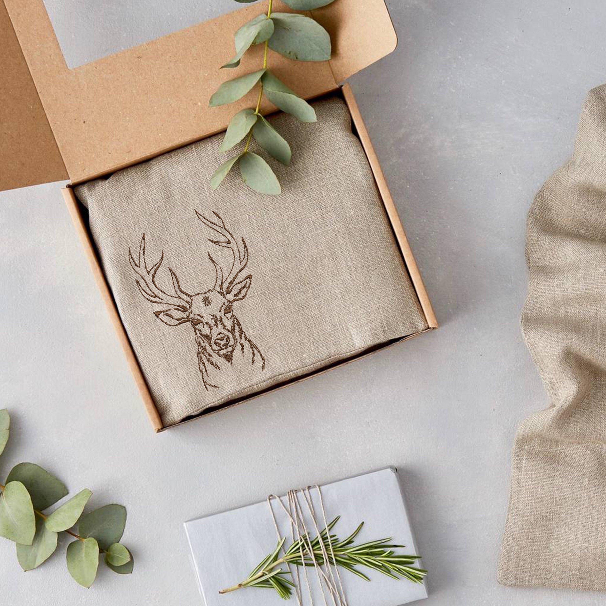 Deer Stag Machine Embroidery Design embroidered on a gift box