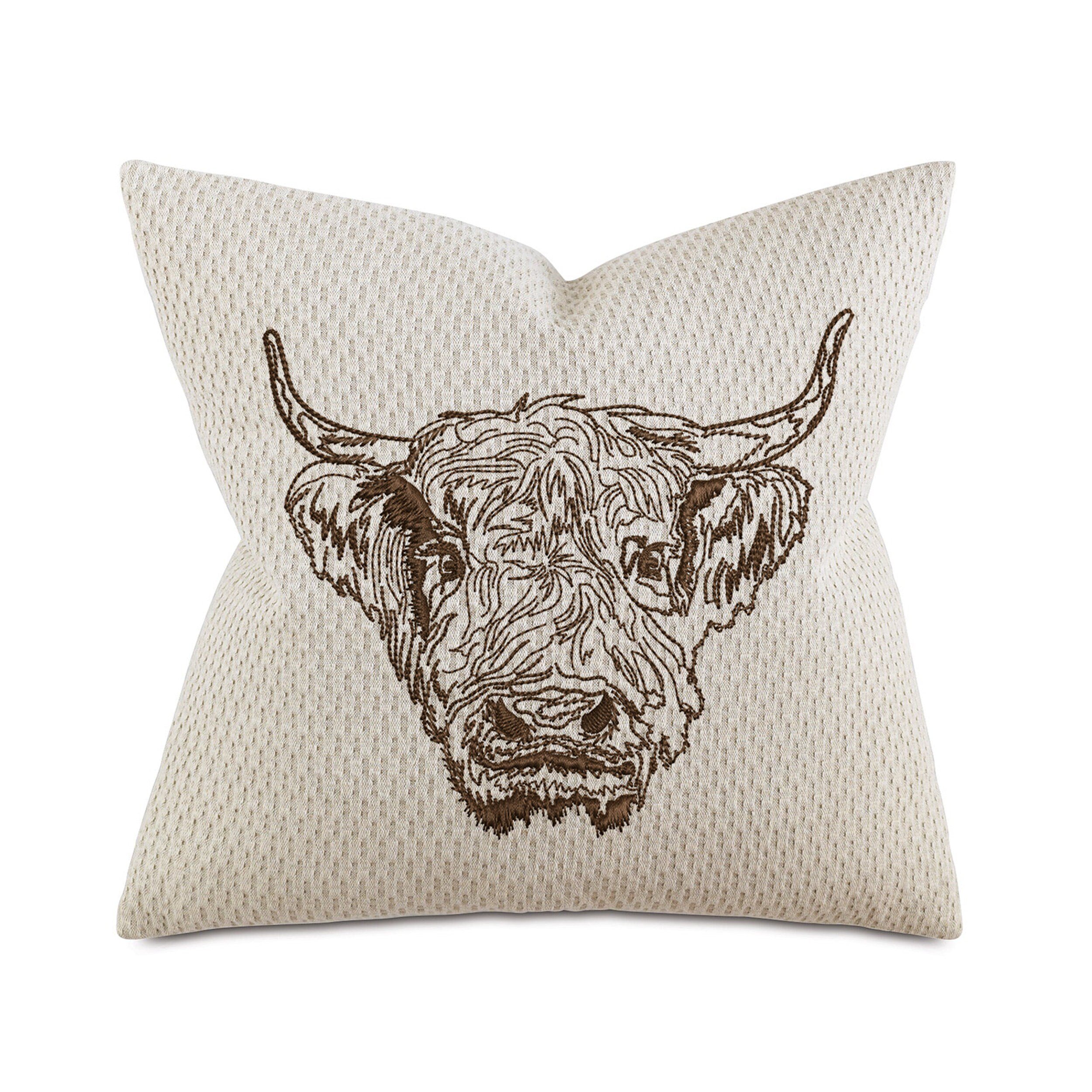 Scottish Highland Cow Machine Embroidery Design embroidered on a pillow