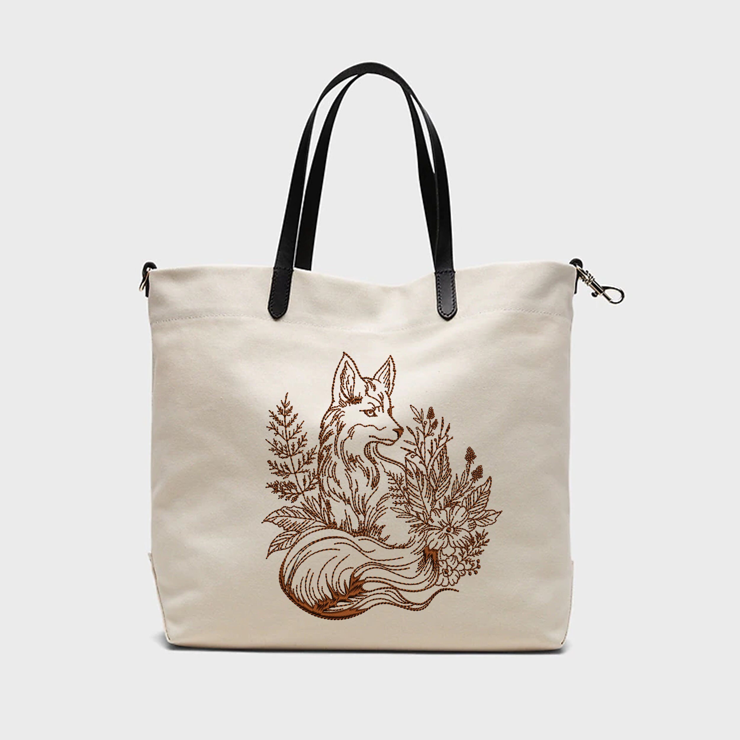 Forest Fox Machine Embroidery Design embroidered on a handbag