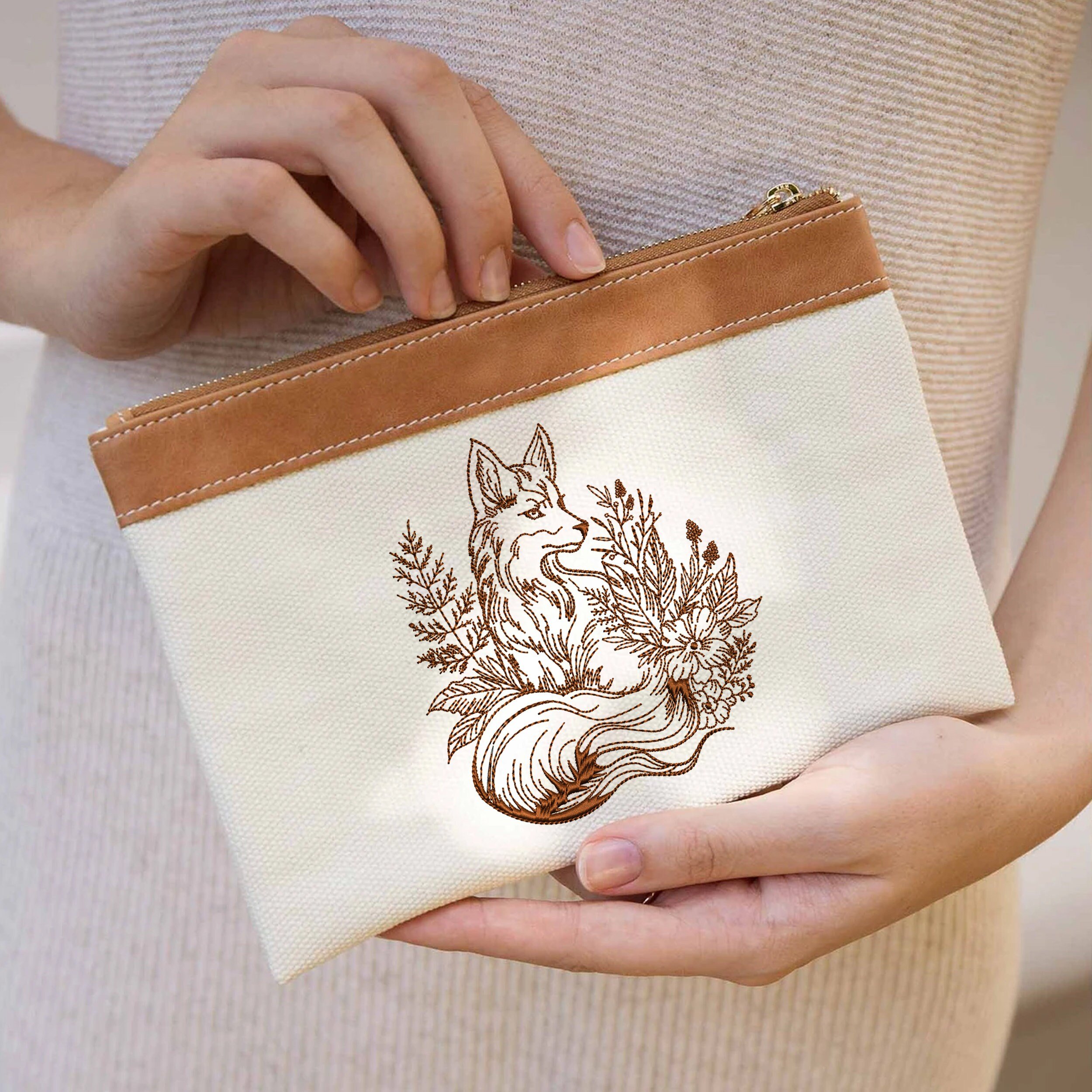 Forest Fox Machine Embroidery Design embroidered on a pouch