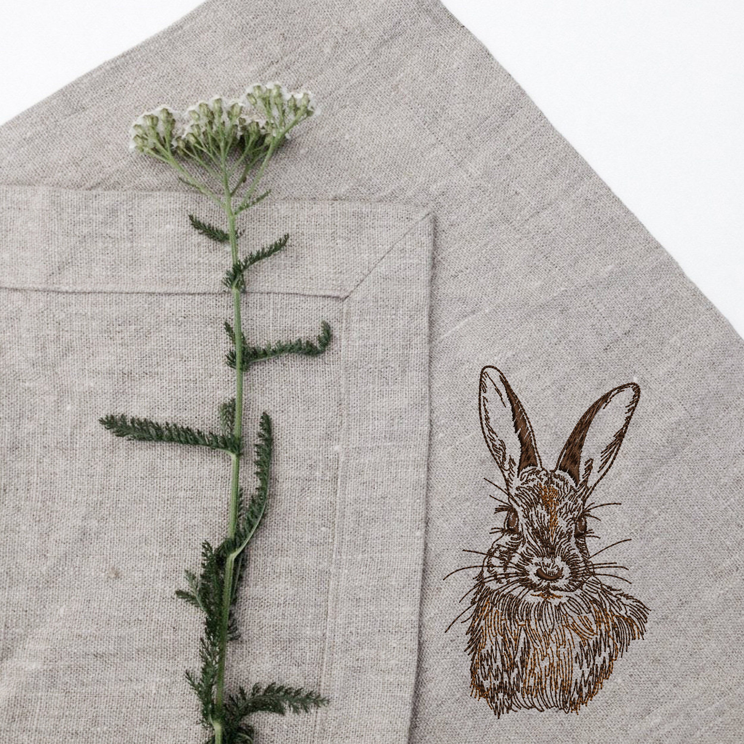 Natural Bunny for Machine Embroidery File embroidered on a napkin