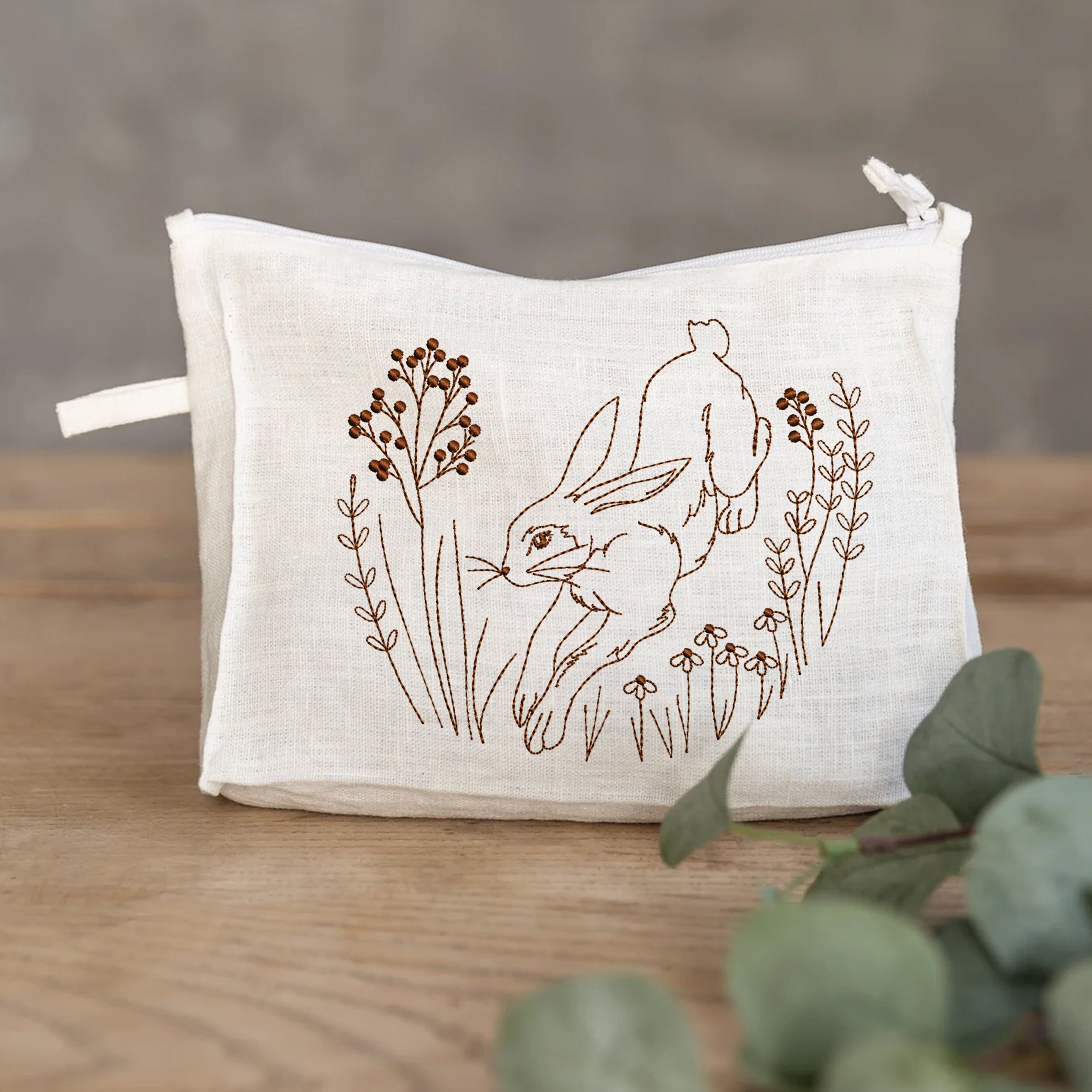 Forest Hare for Machine Embroidery embroidered on a pouch