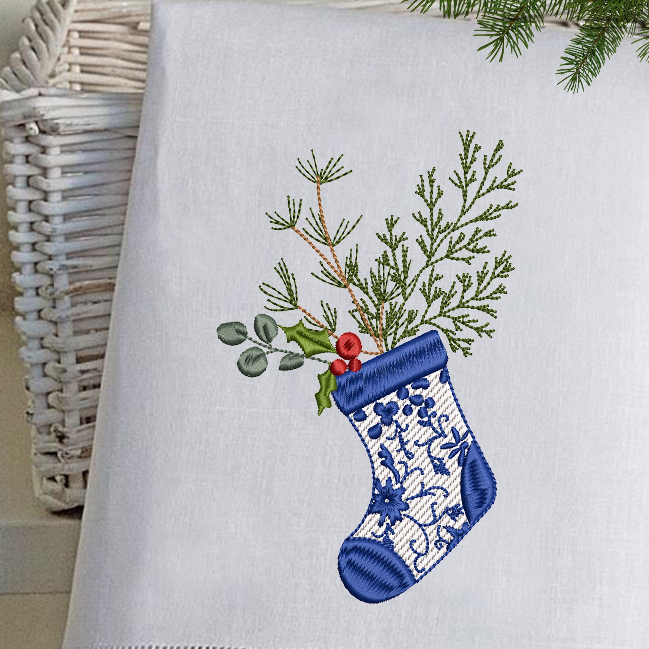 Chinoiserie Christmas Tree Stocking Machine Embroidery Design embroidered on a canvas