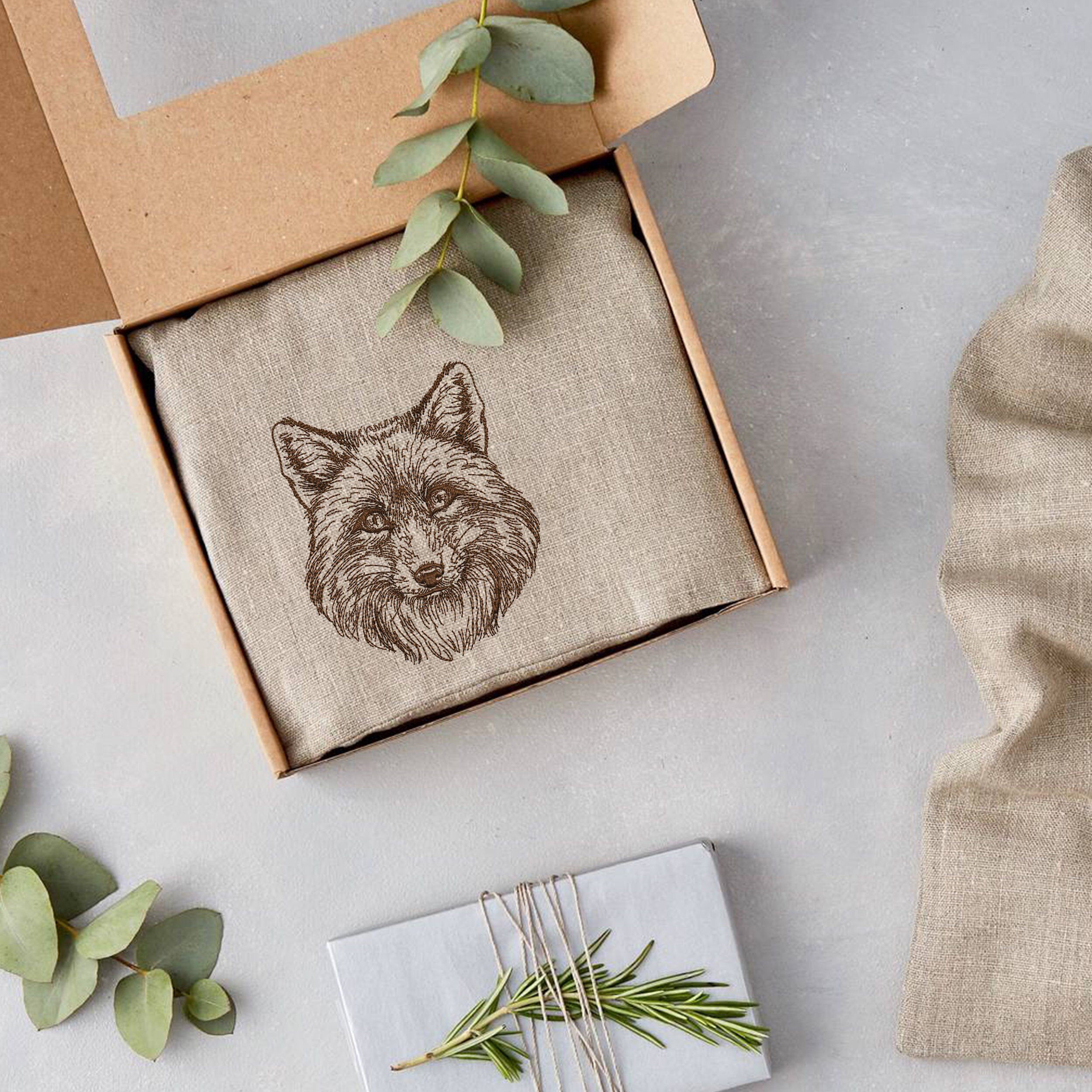 Forest Fox for Machine Embroidery embroidered on a gift box