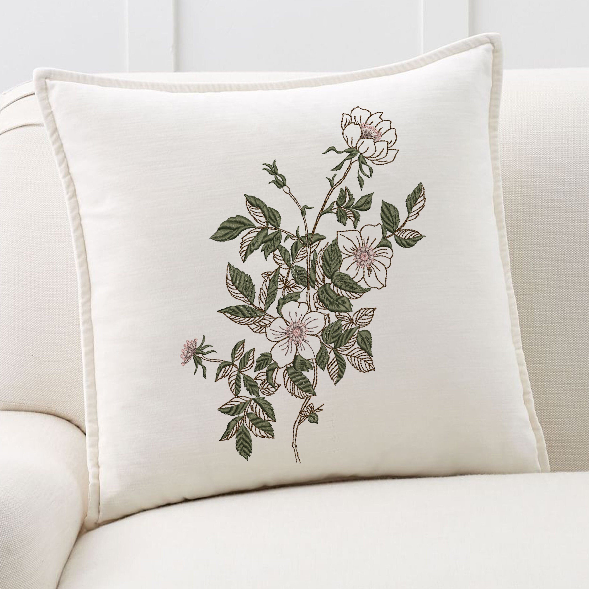 Rose Branch for Machine Embroidery Flower, Floral Botanical Roses Garden Pattern Instant Download Zip embroidered on a pillow