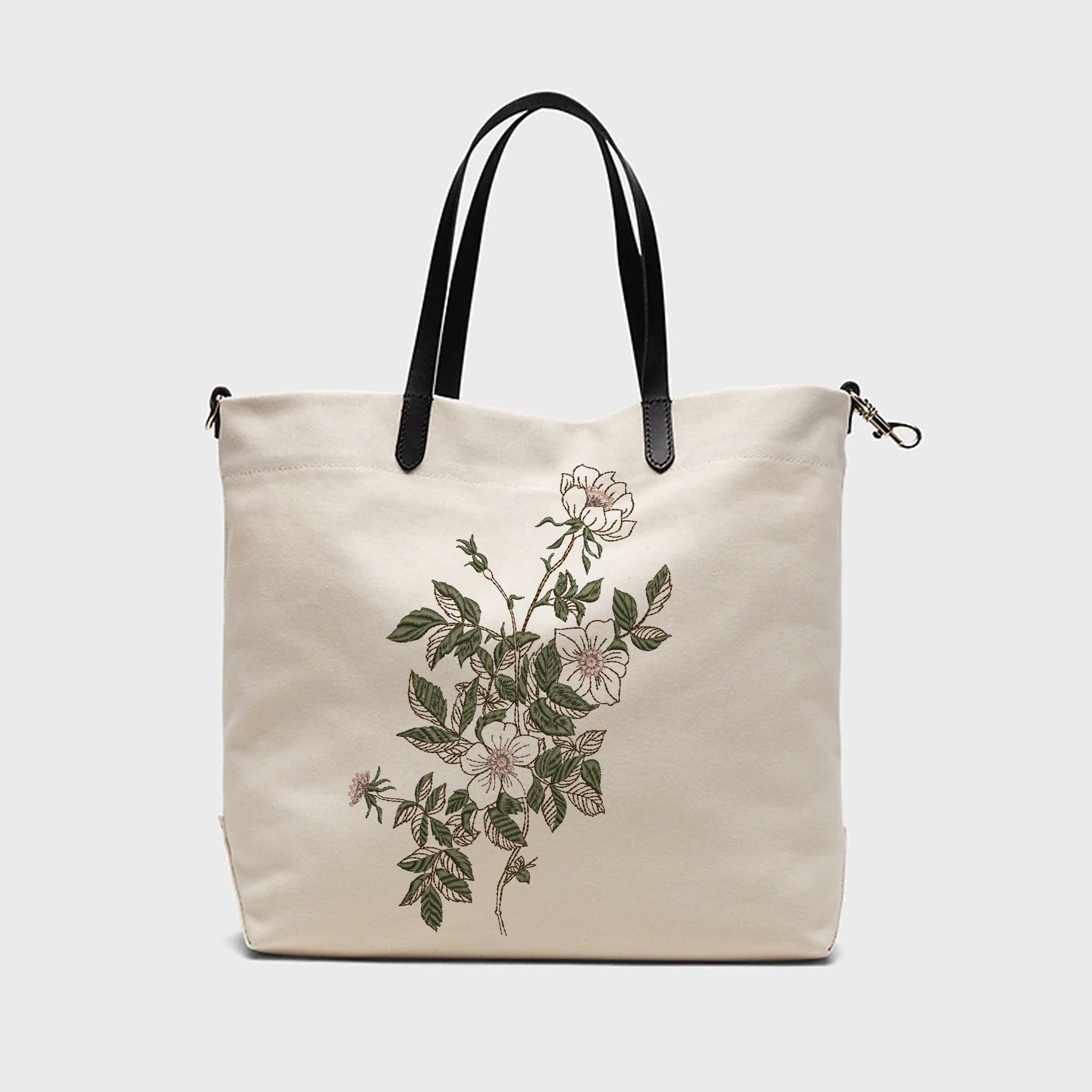 Rose Branch for Machine Embroidery Flower, Floral Botanical Roses Garden Pattern Instant Download Zip embroidered on a handbag