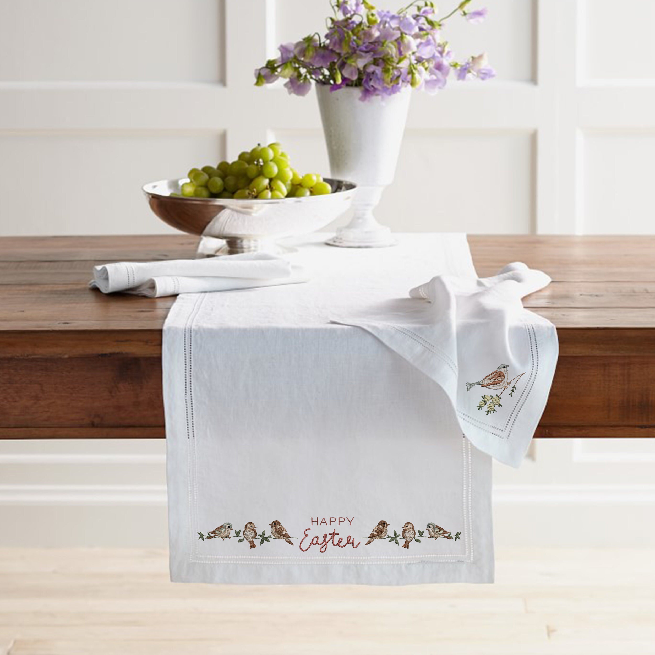 Easter Spring Bird Machine Embroidery Design Bundle embroidered on a table runner