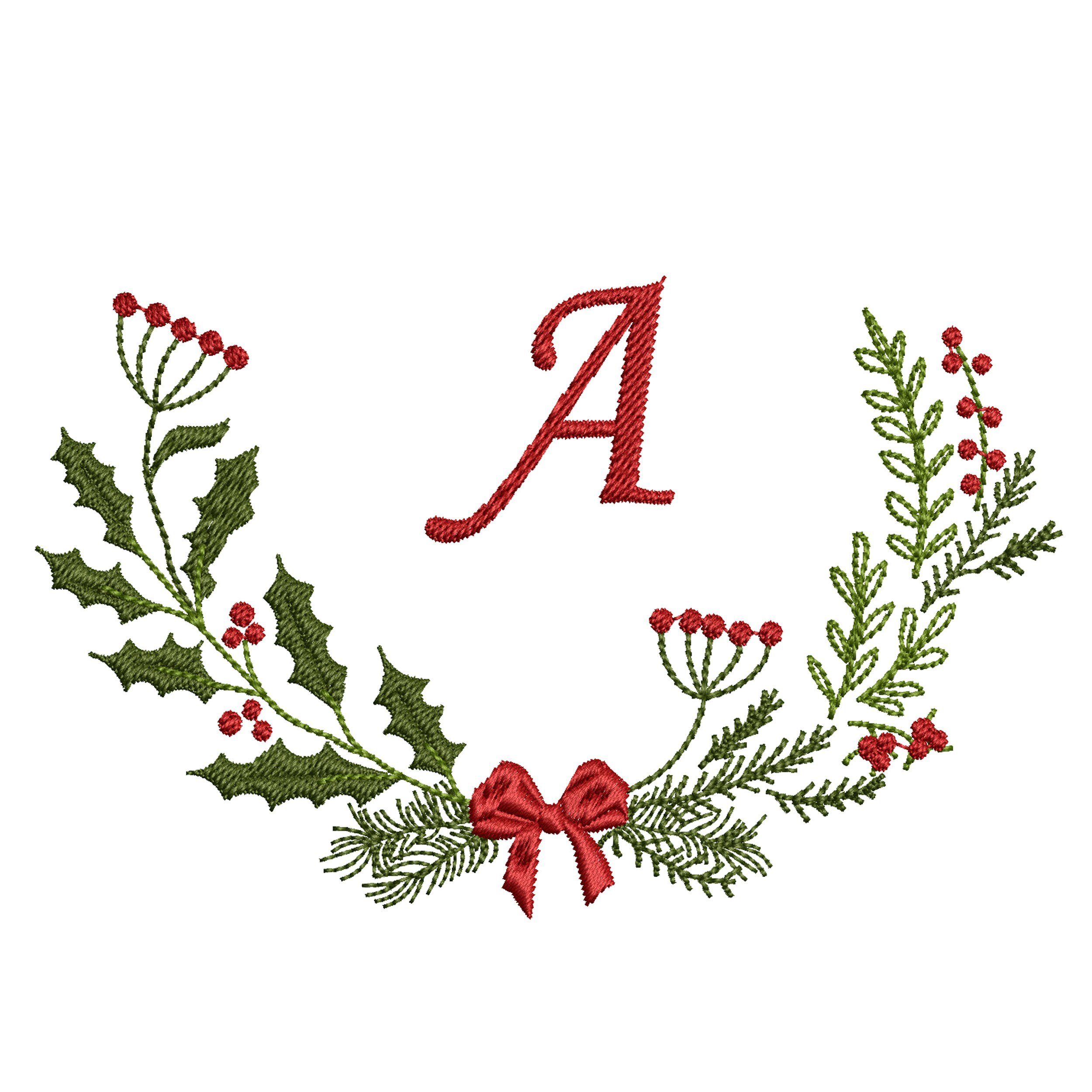 Christmas Monogram Wreath Machine Embroidery Design, Winter Holiday Botanical Design Instant Download Zip