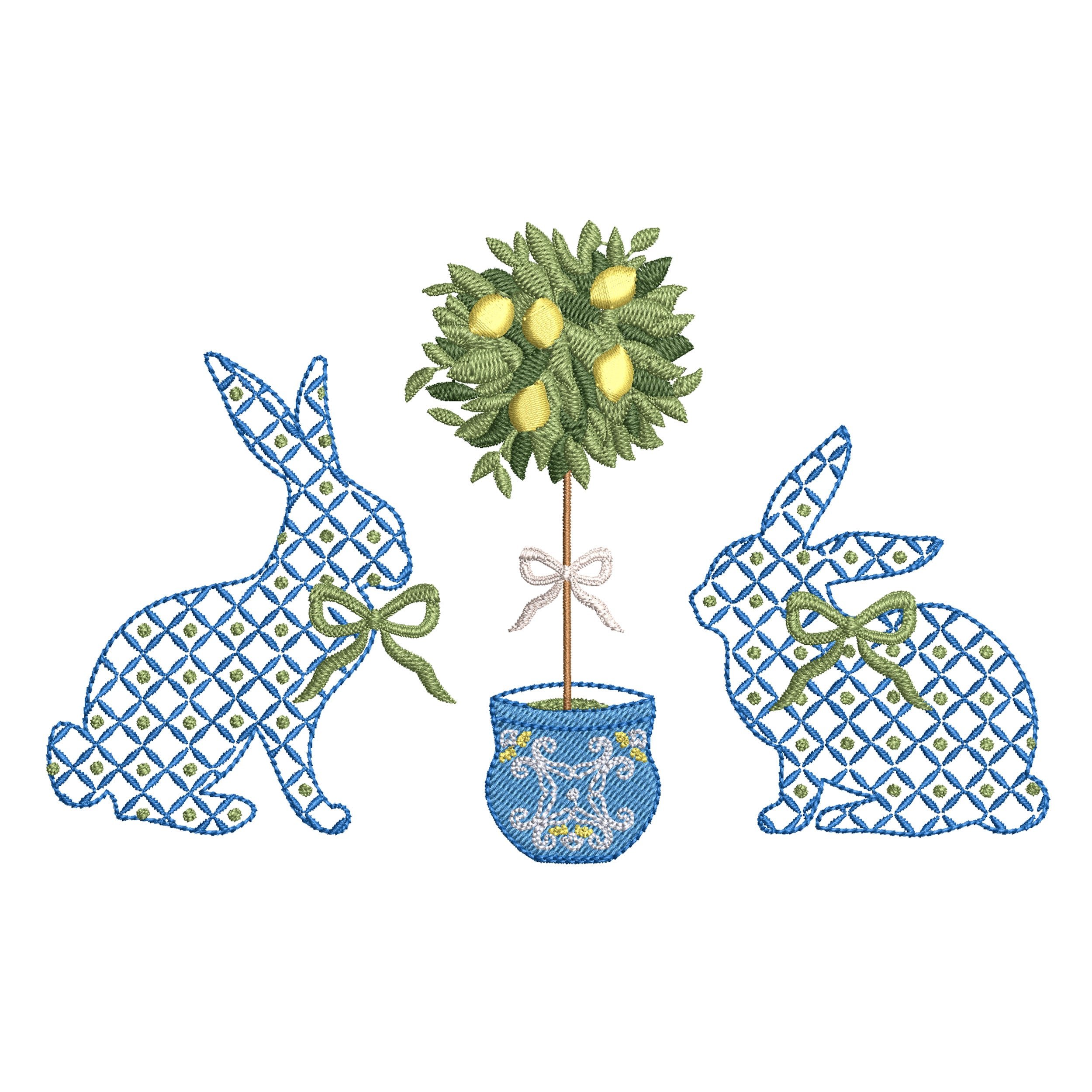 Stylish Easter Bunnies with a Chinoiserie Lemon Tree for Machine Embroidery