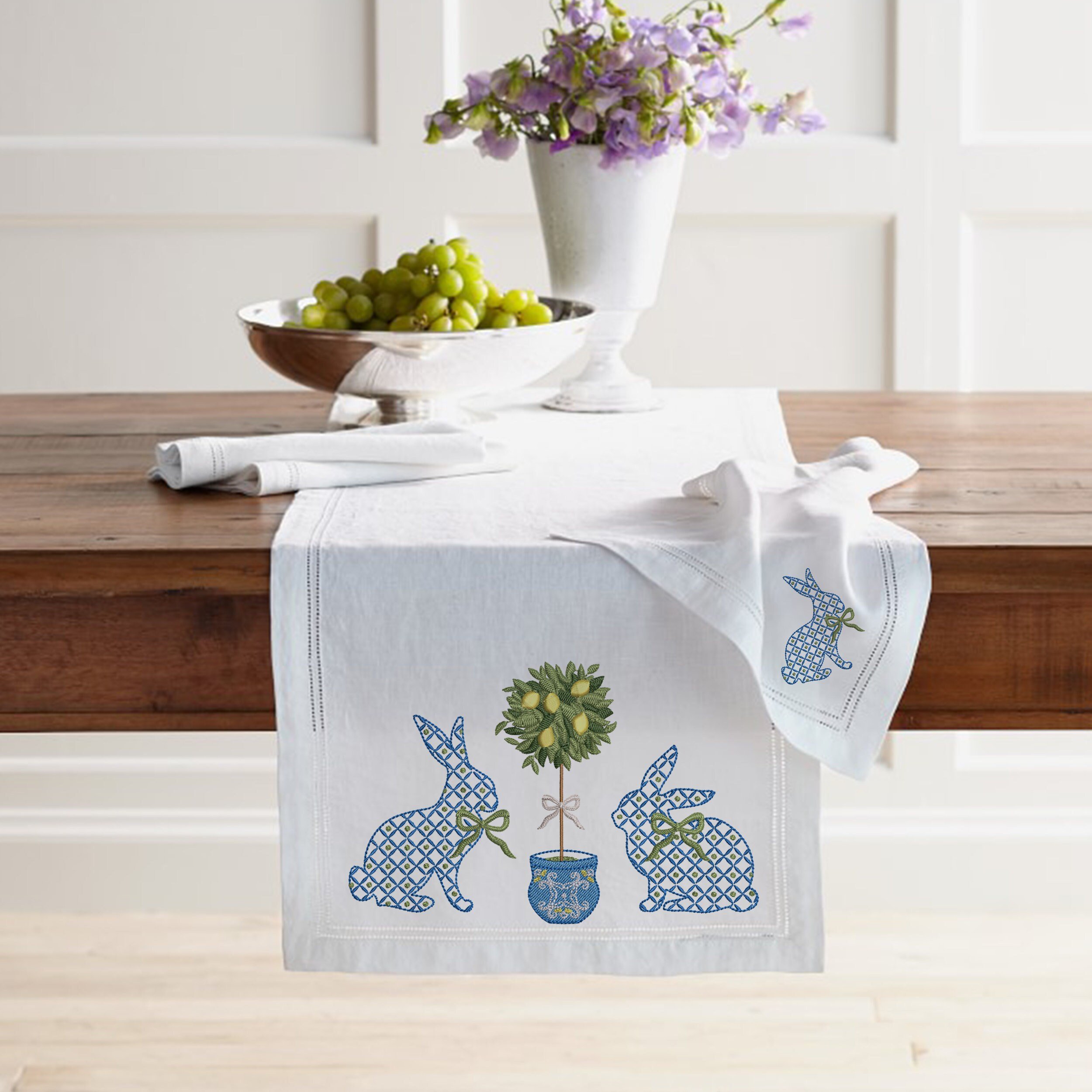 Blue and White Easter Bunnies with a Chinoiserie Lemon Tree for Machine Embroidery embroidered on a table runner