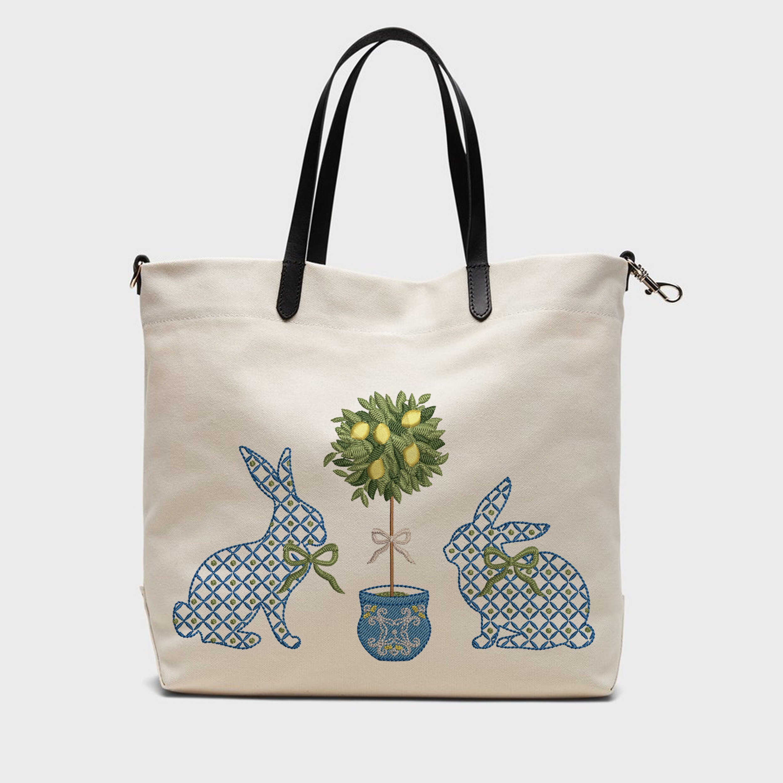 Blue and White Easter Bunnies with a Chinoiserie Lemon Tree for Machine Embroidery embroidered on a handbag