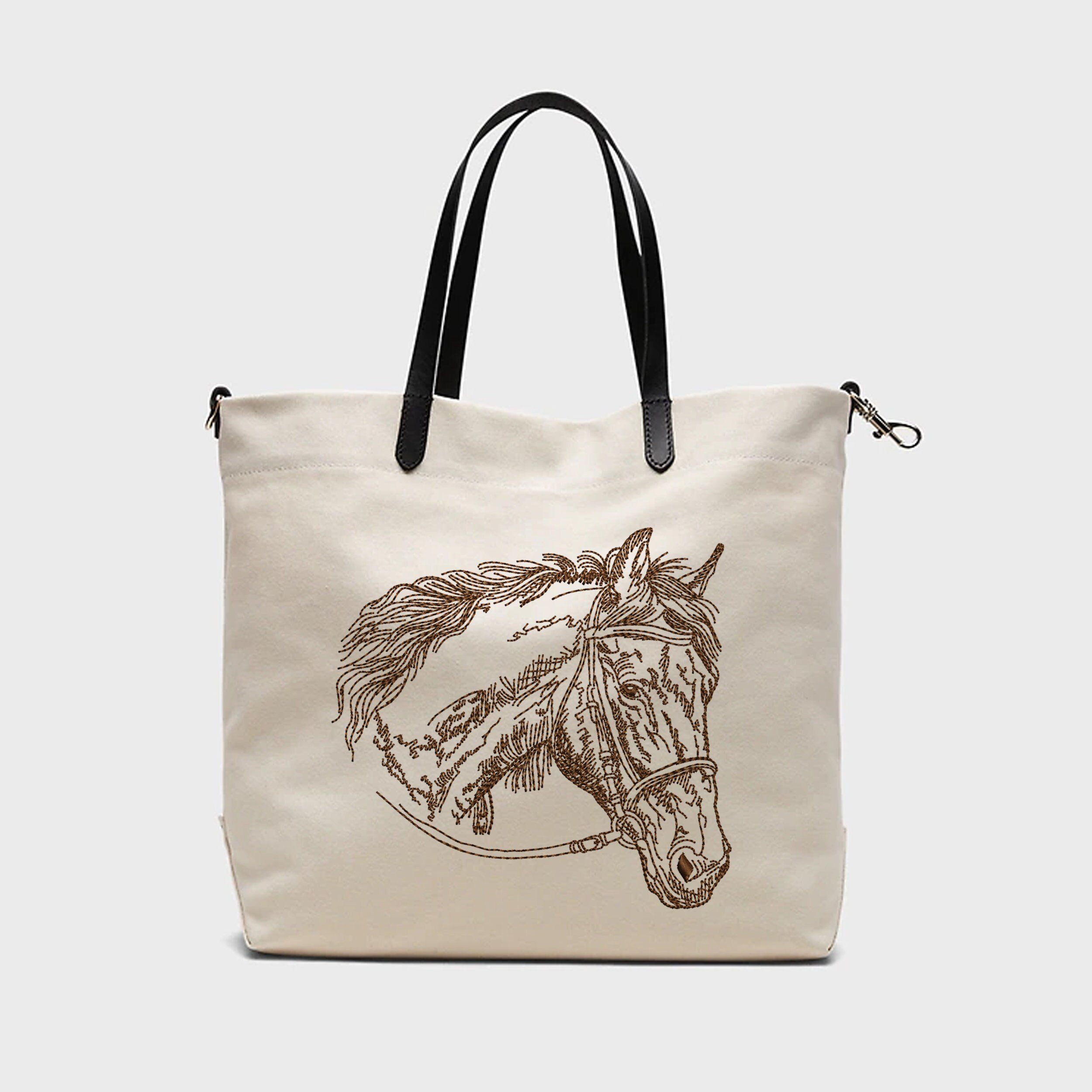 Horse Head Machine Embroidery Design embroidered on a canvas handbag