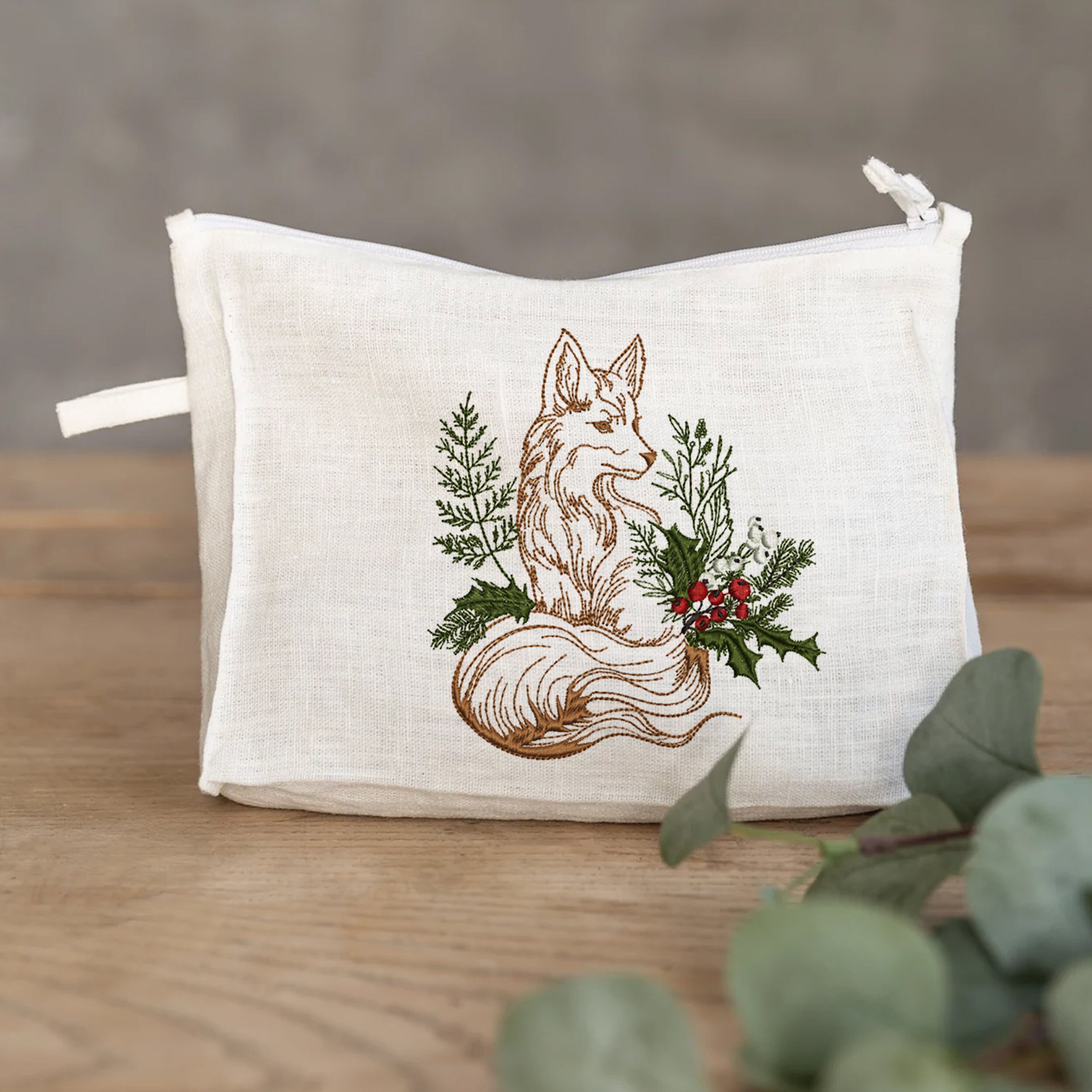 Christmas Fox Machine Embroidery Design embroidered on a pouch