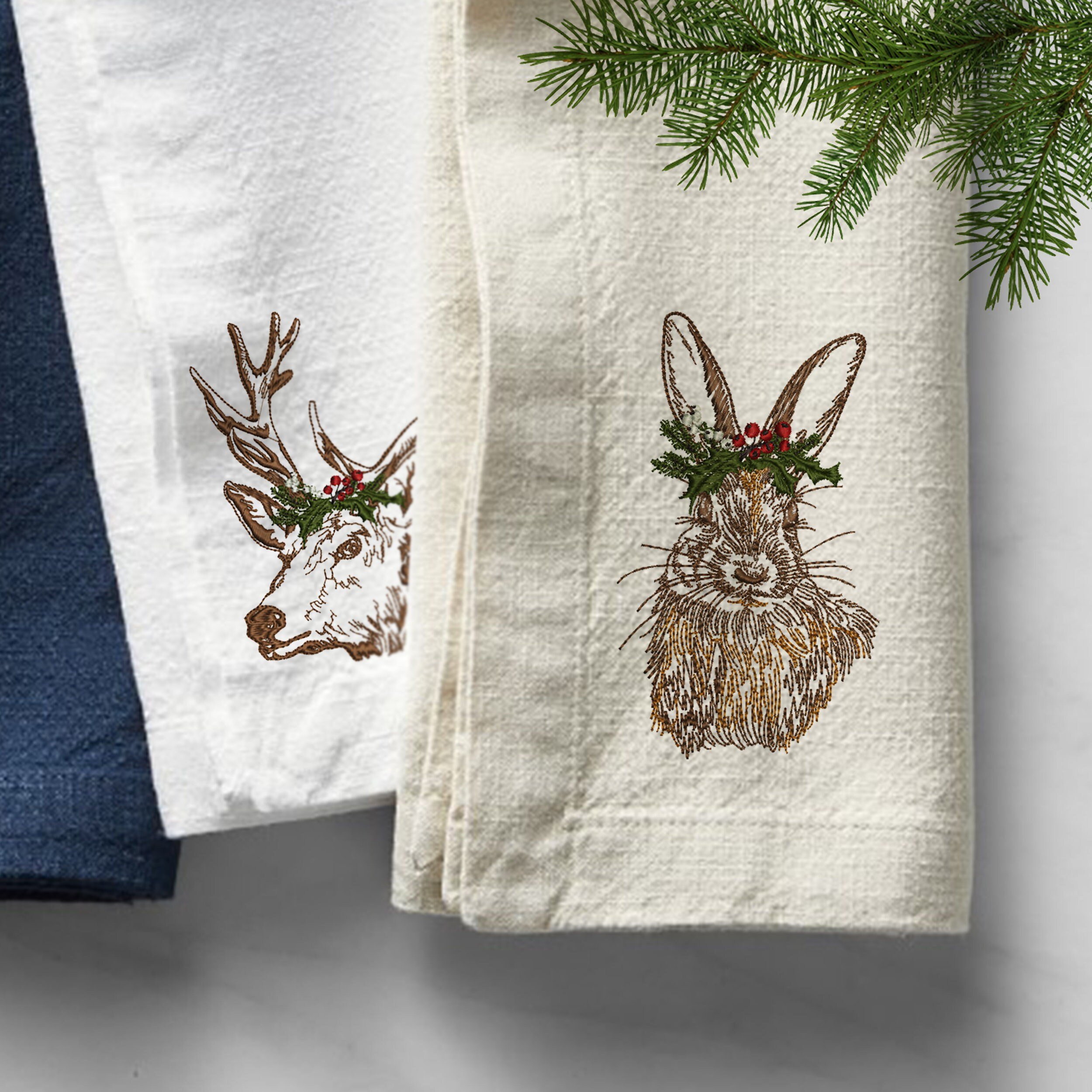 Christmas Deer and Rabbit Machine Embroidery Design embroidered on a towel set