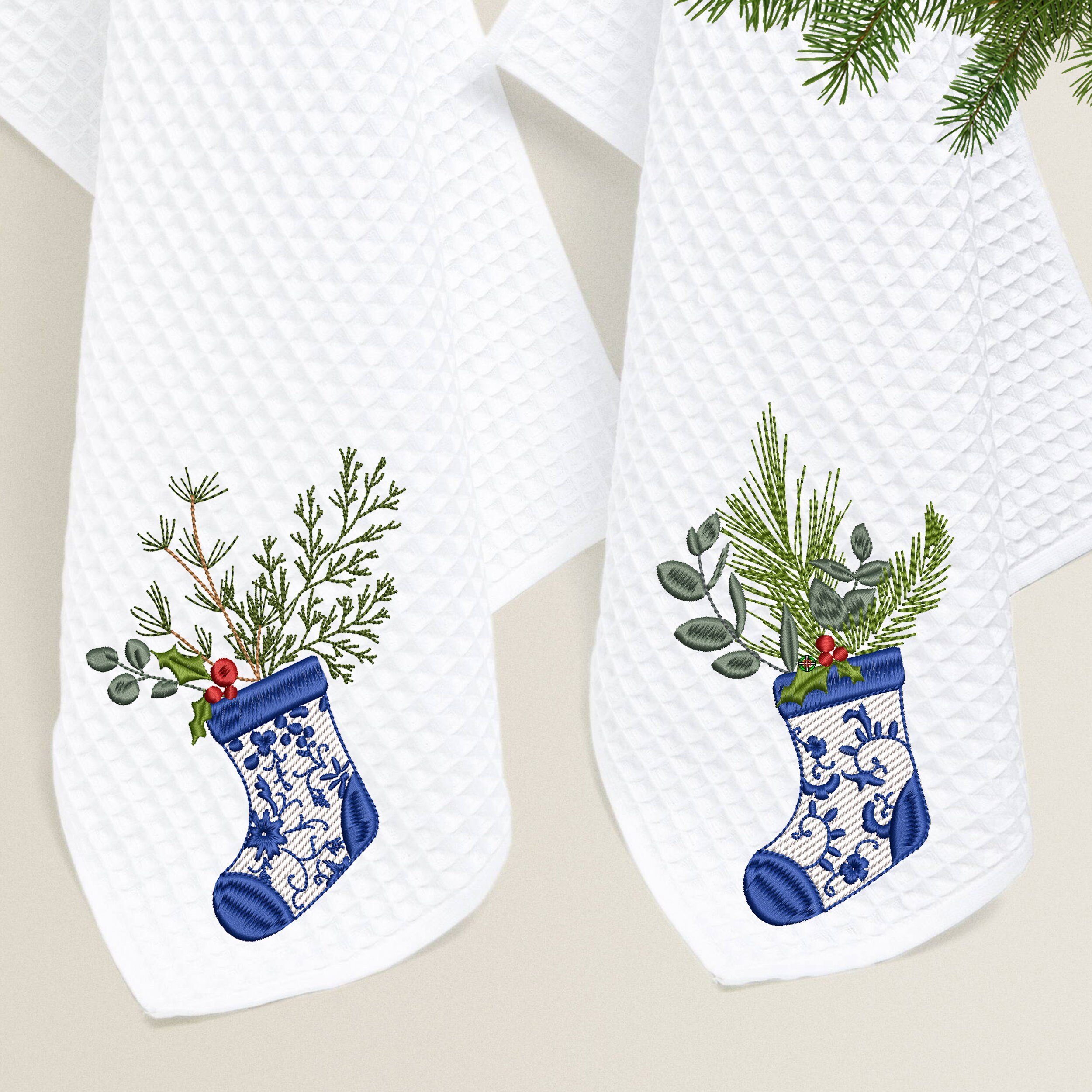Chinoiserie Christmas Tree Stocking No. 2 Machine Embroidery Design, Winter Holiday Border Bow Instant Download Zip embroidered on towel set