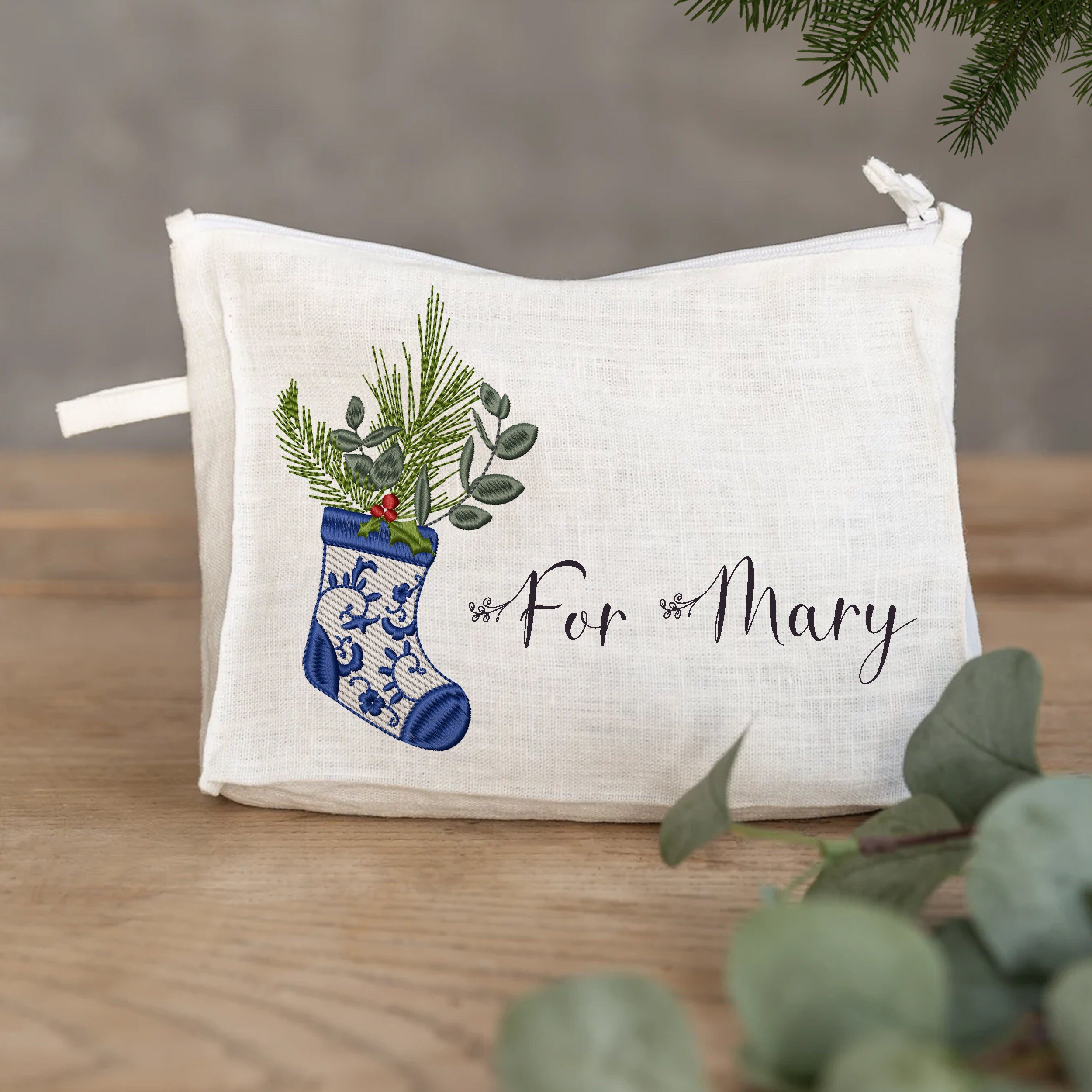 Chinoiserie Christmas Tree Stocking No. 2 Machine Embroidery Design, Winter Holiday Border Bow Instant Download Zip embroidered on a pouch