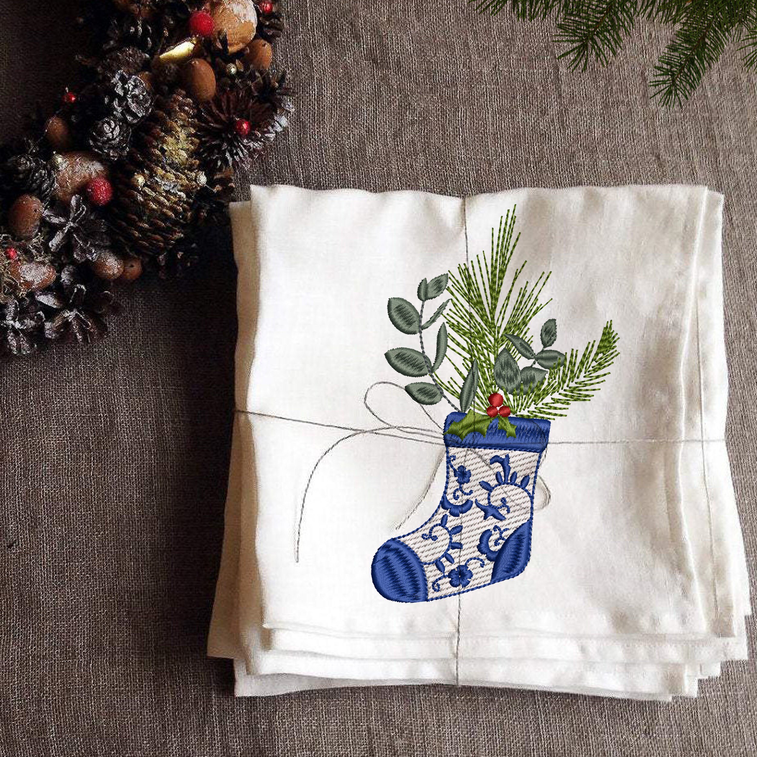 Chinoiserie Christmas Tree Stocking No. 2 Machine Embroidery Design, Winter Holiday Border Bow Instant Download Zip embroidered on a napkin