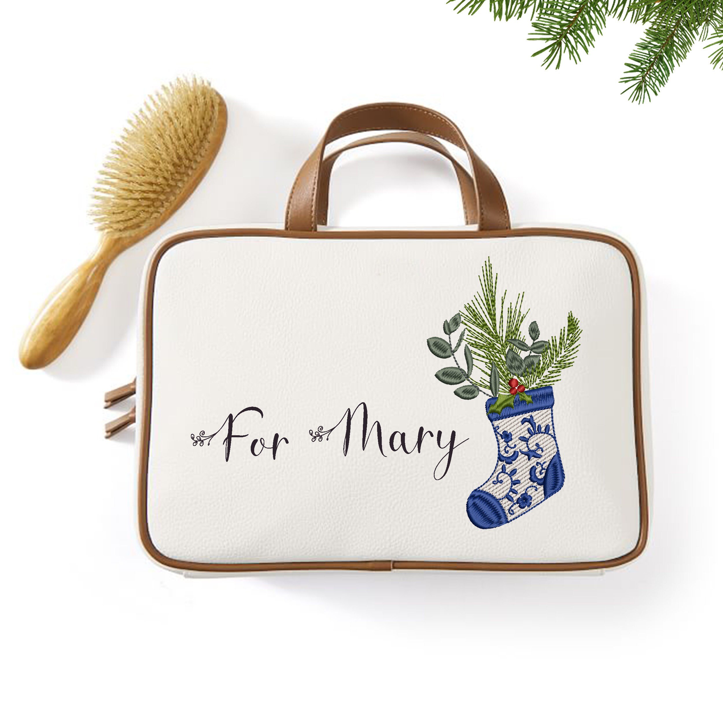 Chinoiserie Christmas Tree Stocking No. 2 Machine Embroidery Design, Winter Holiday Border Bow Instant Download Zip embroidered on a bag
