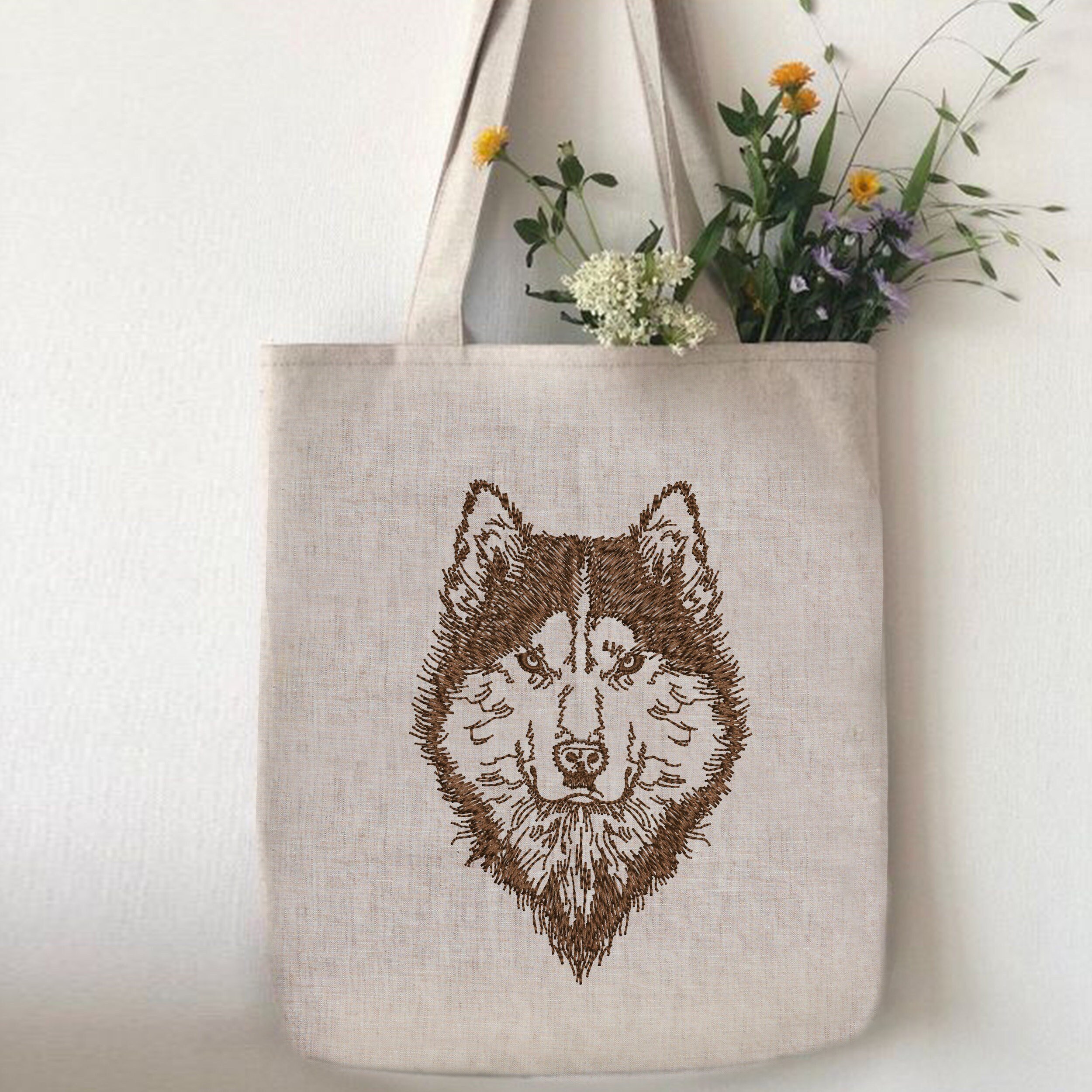 Husky Dog Machine Embroidery Design File Instant Download Zip embroidered on a handbag
