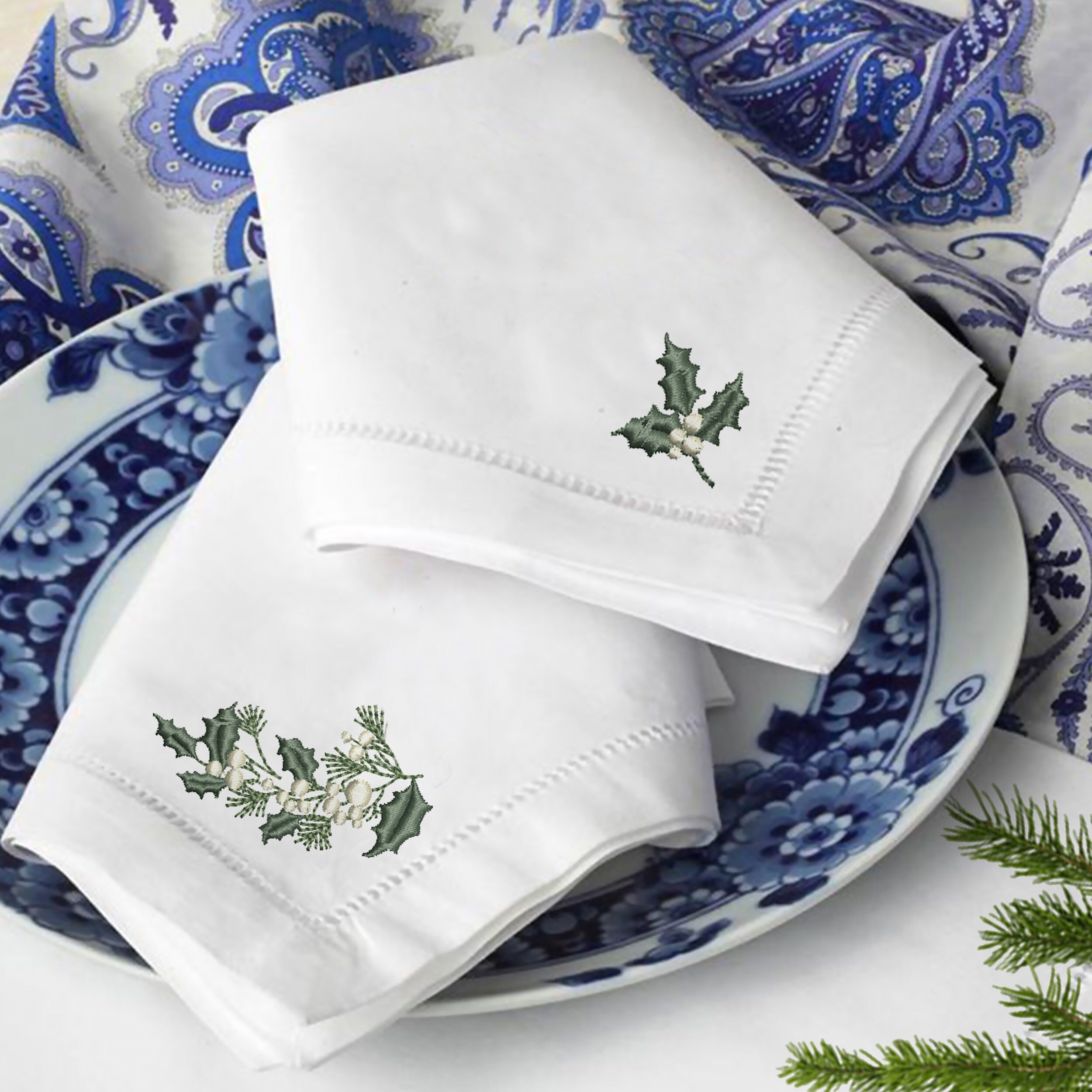 Romantic Christmas Tree Machine Embroidery Design embroidered on a cocktail napkin set