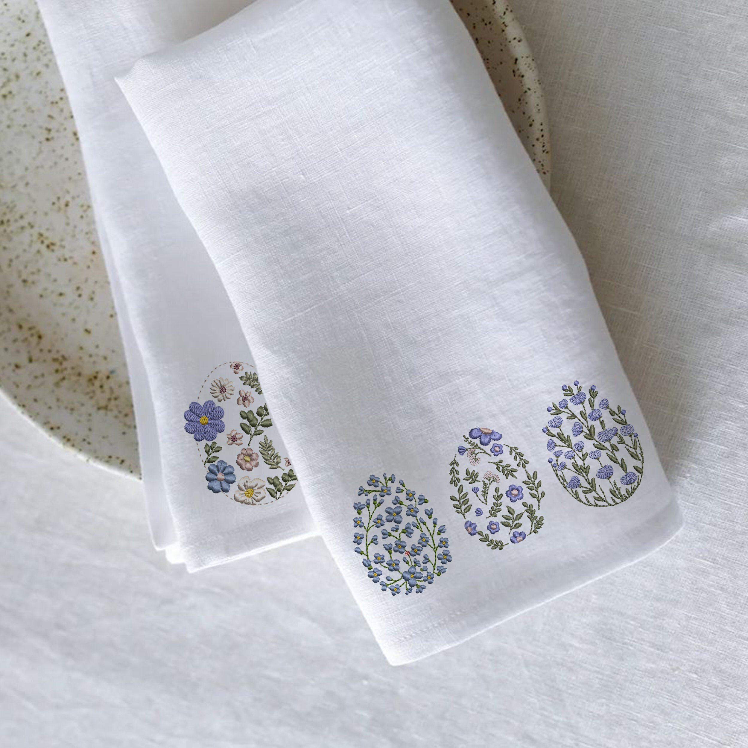 Easter Chinoiserie Egg Set Machine Embroidery Design, Spring Bunny Pattern embroidered on napkin