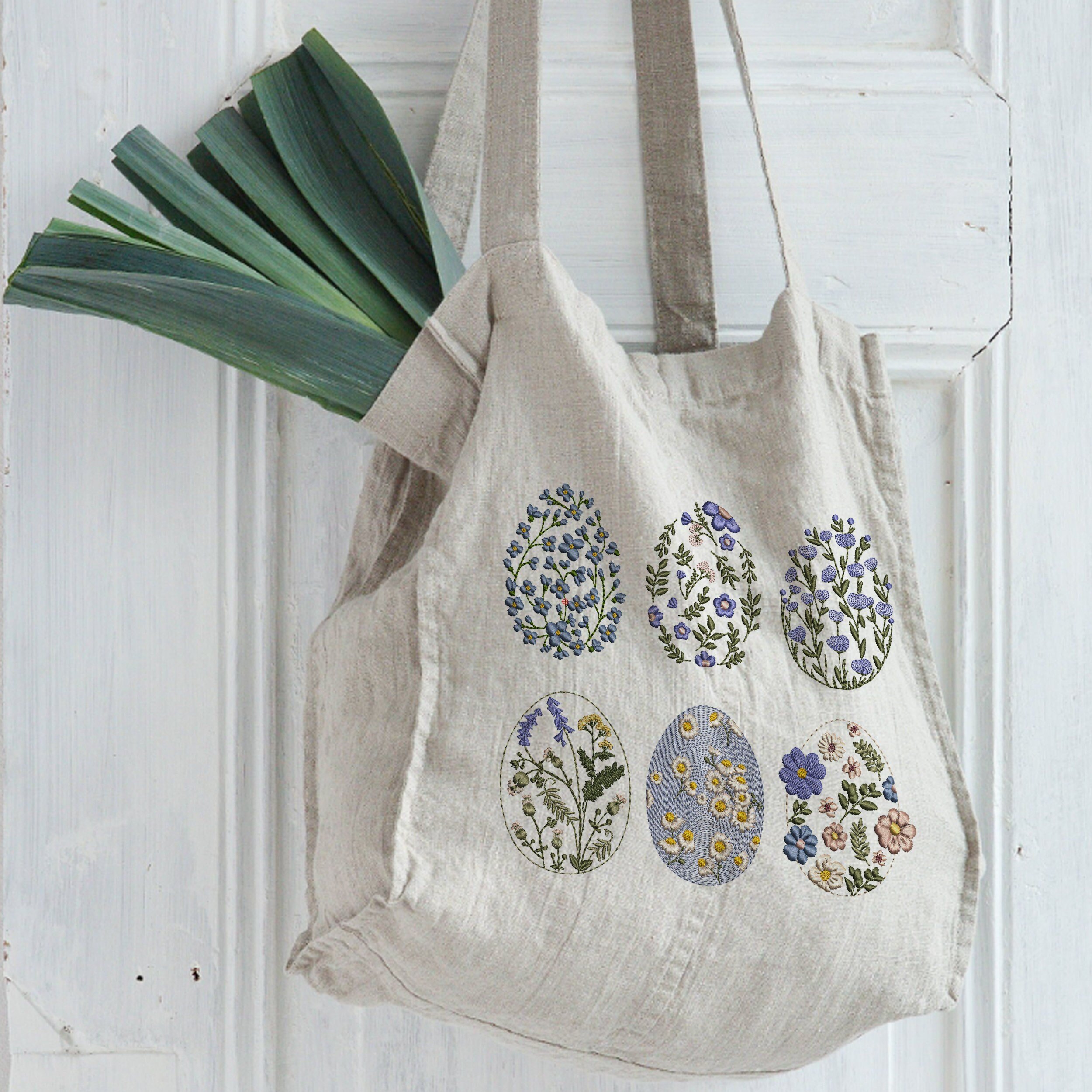 Spring Easter Bunny Chinoiserie Egg Set Machine Embroidery Design Pattern embroidered on handbag
