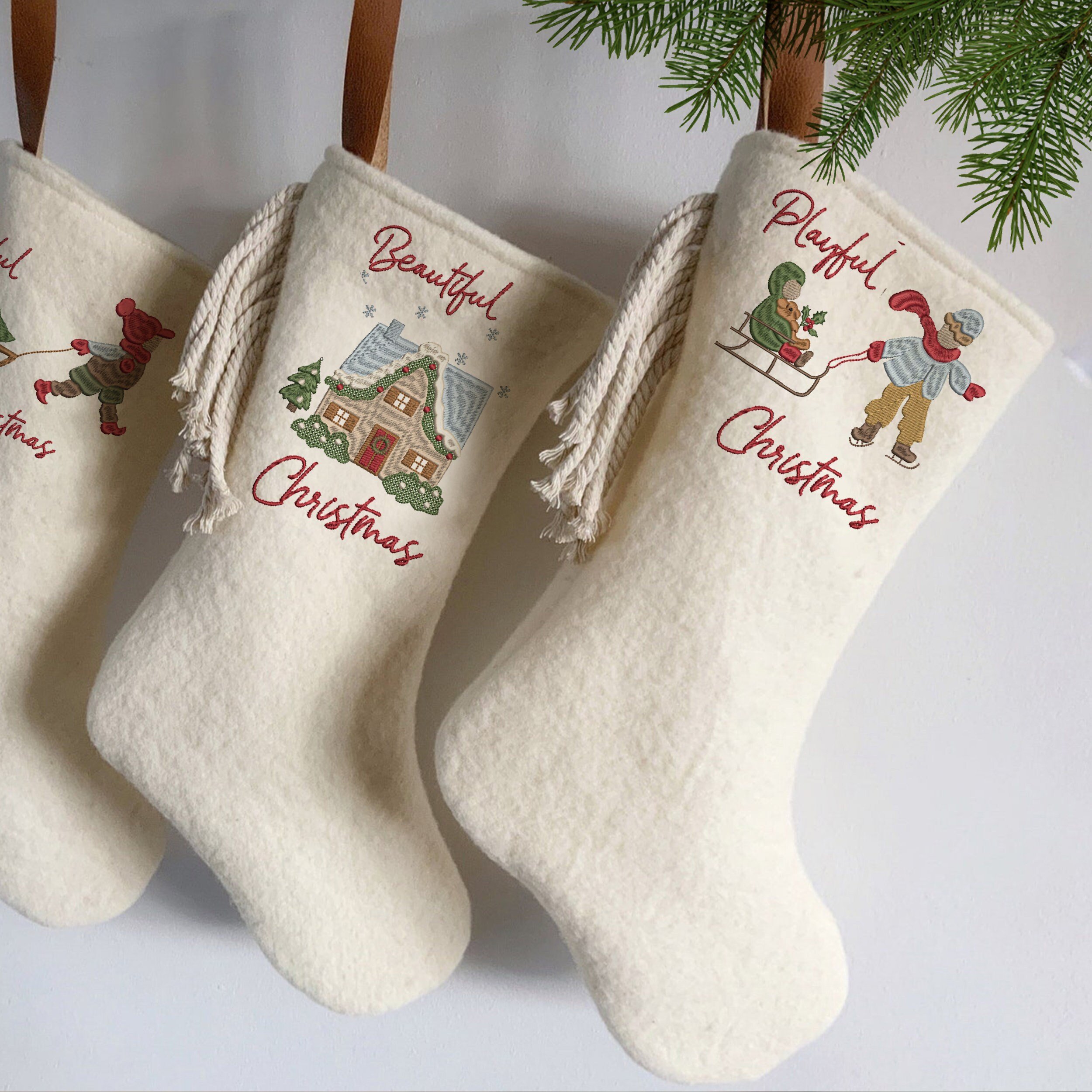 Playful Christmas Elements for Machine Embroidery File embroidered on holiday stockings