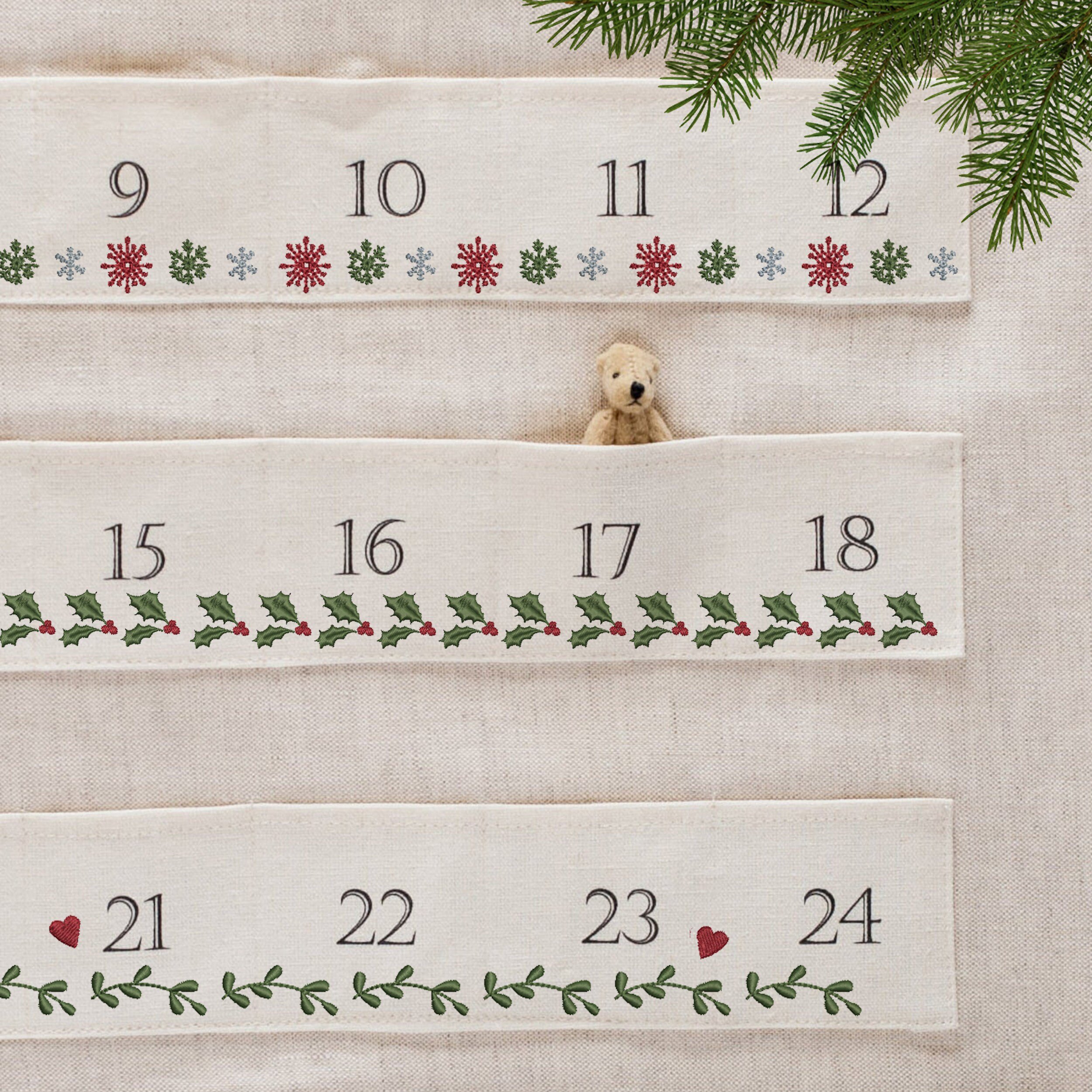 Playful Christmas Elements for Machine Embroidery File embroidered on winter holiday calendar