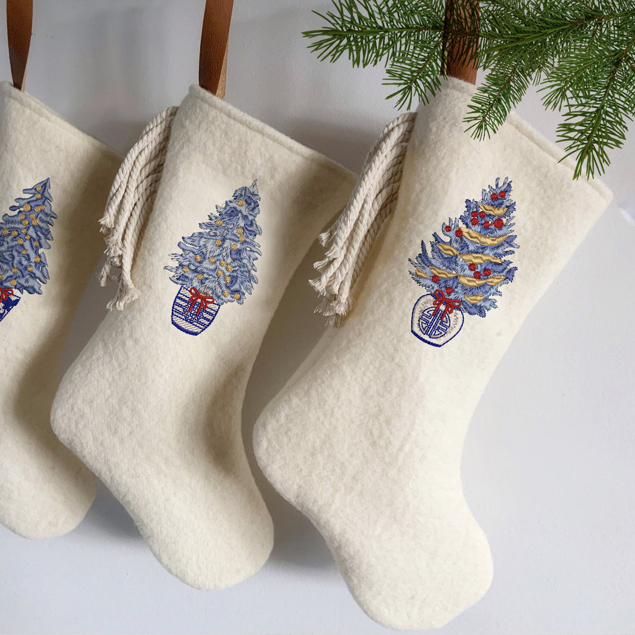 Chinoiserie Christmas Tree Machine Embroidery Design Set embroidered on winter stockings